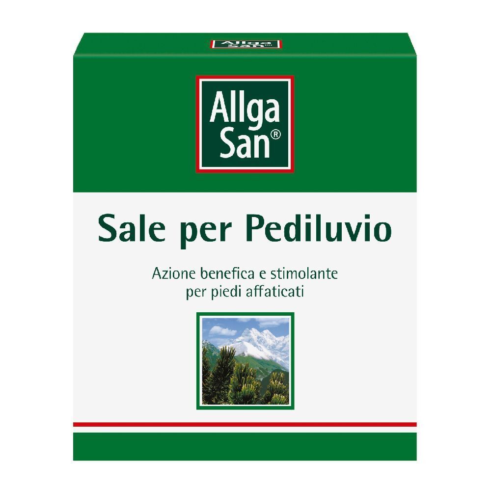 Confezione verde e bianca. Logo Allga San in alto. Scritta Sale per Pediluvio. Immagine di montagne e alberi.