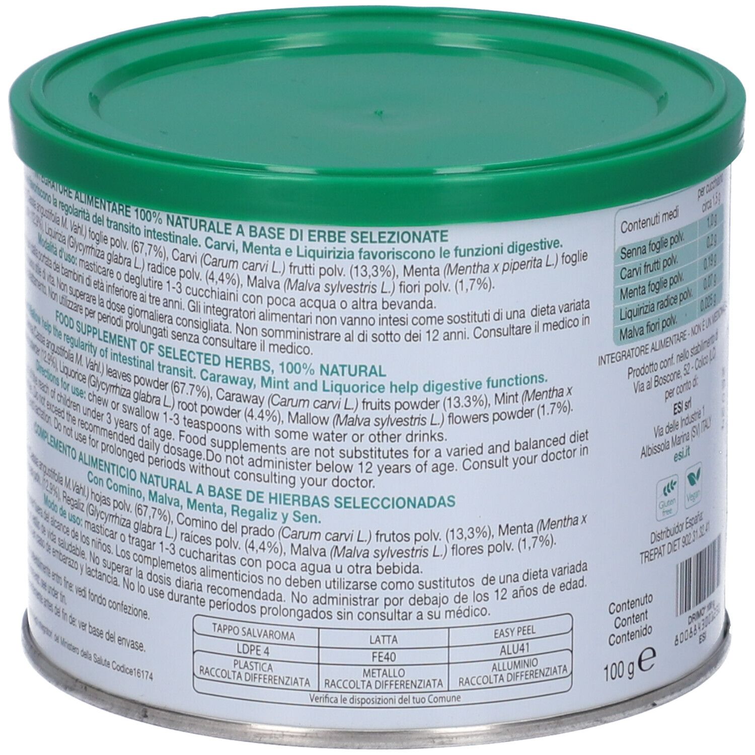 Runde Dose mit grünem Deckel. Rückseite mit Inhaltsstoffen und Gebrauchsanweisung. 100% natürlich.