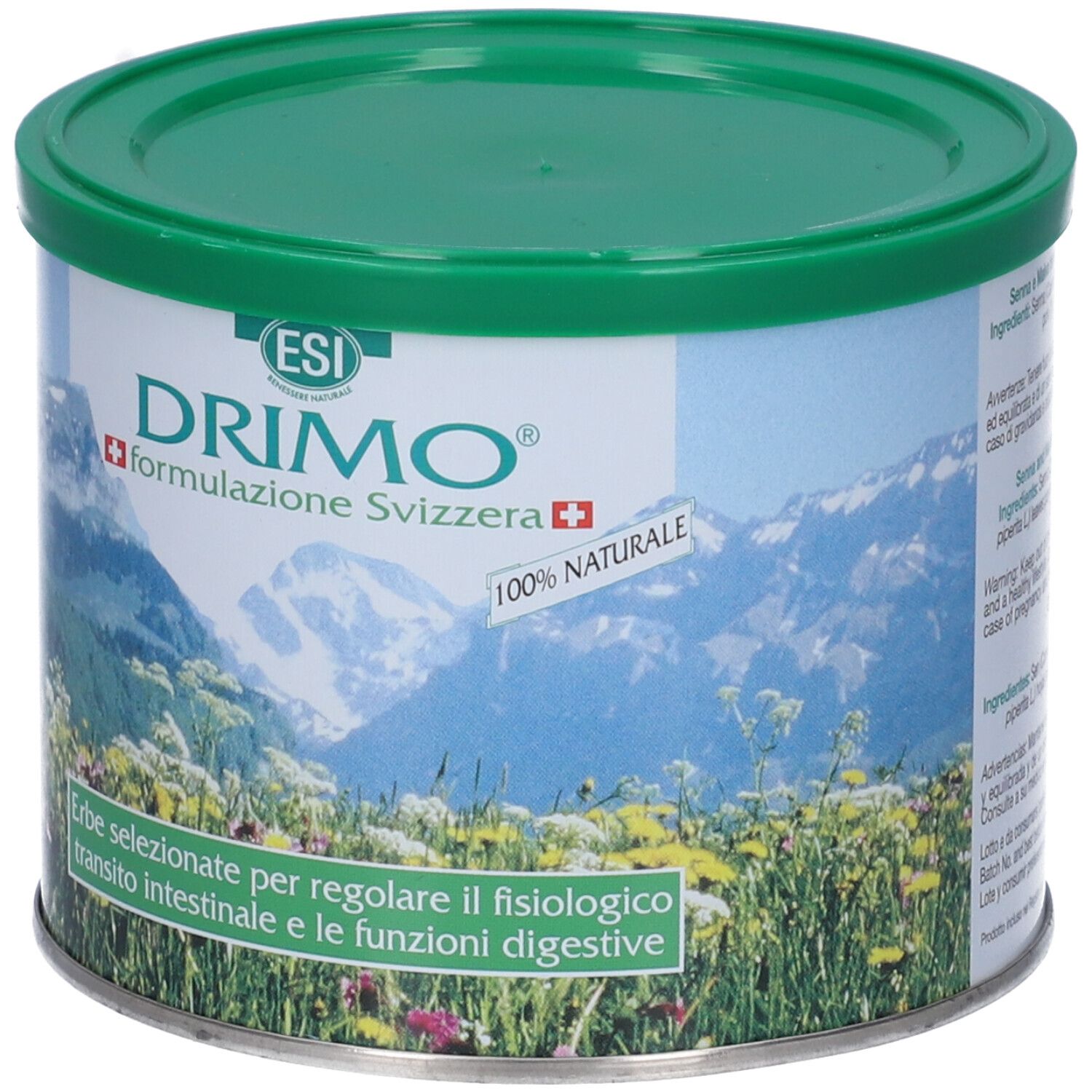 Runde Dose mit grünem Deckel. Aufschrift DRIMO, Schweizer Formel. Landschaftsbild mit Blumen und Bergen.