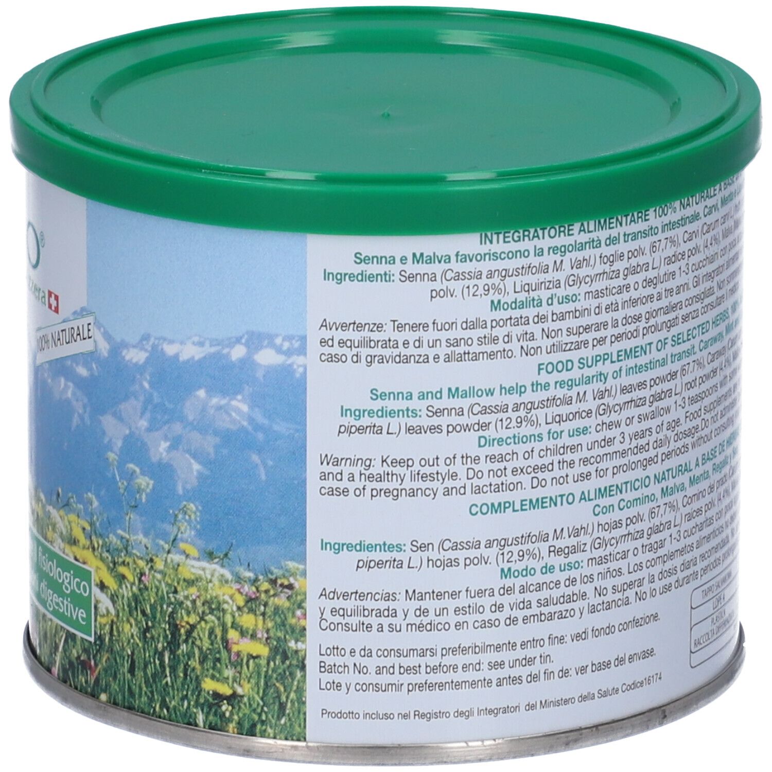 Runde Dose mit grünem Deckel. Rückseite mit Inhaltsstoffen und Warnhinweisen. 100% natürlich.