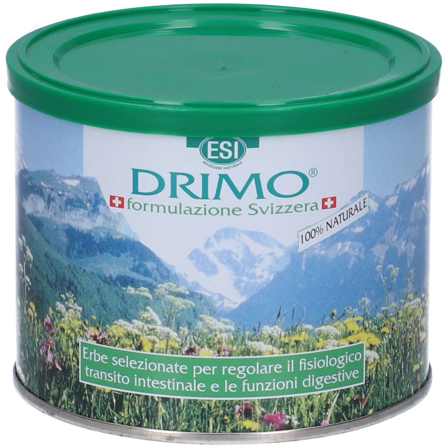 Runde Dose mit grünem Deckel. Aufschrift DRIMO, Schweizer Formel. Landschaftsbild mit Blumen und Bergen.