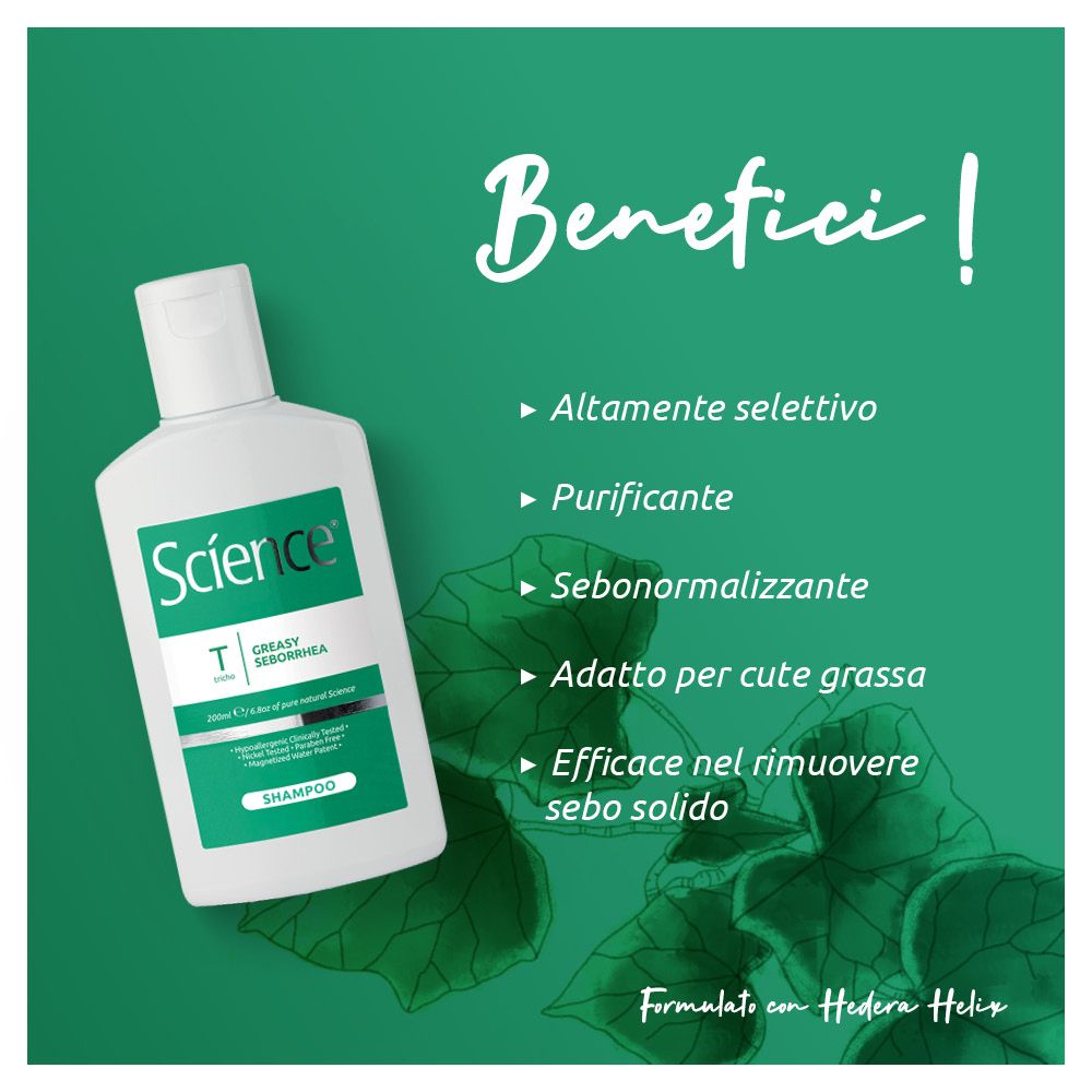 Weiße Flasche mit grüner Beschriftung 'Science T GREASY SEBORRHEA SHAMPOO'.