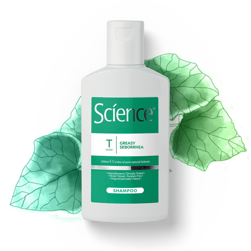 Weiße Flasche Science Shampoo für fettige Seborrhoe, 200ml. Grüne Blätter im Hintergrund.