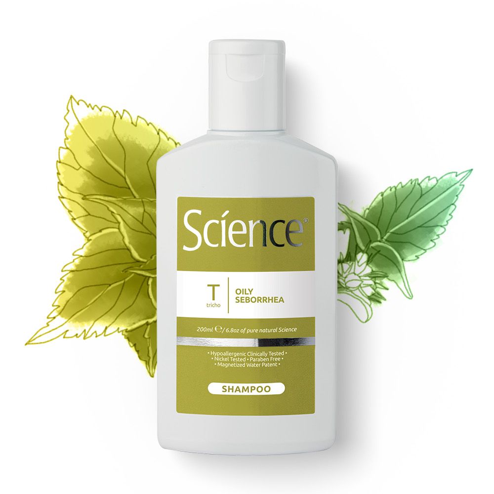 Weißes Shampoo-Fläschchen mit grünem Etikett. Grüne Blätter im Hintergrund. Aufschrift: Science, Trico, Dily Seborrhea, Shampoo. 200ml.
