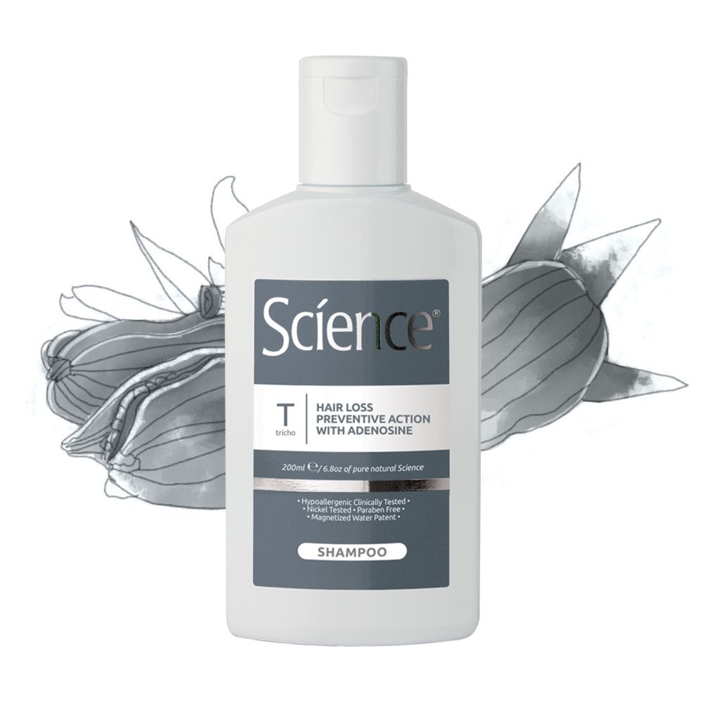 Weiße Flasche mit „Science“ Shampoo gegen Haarausfall mit Adenosin. 200ml.