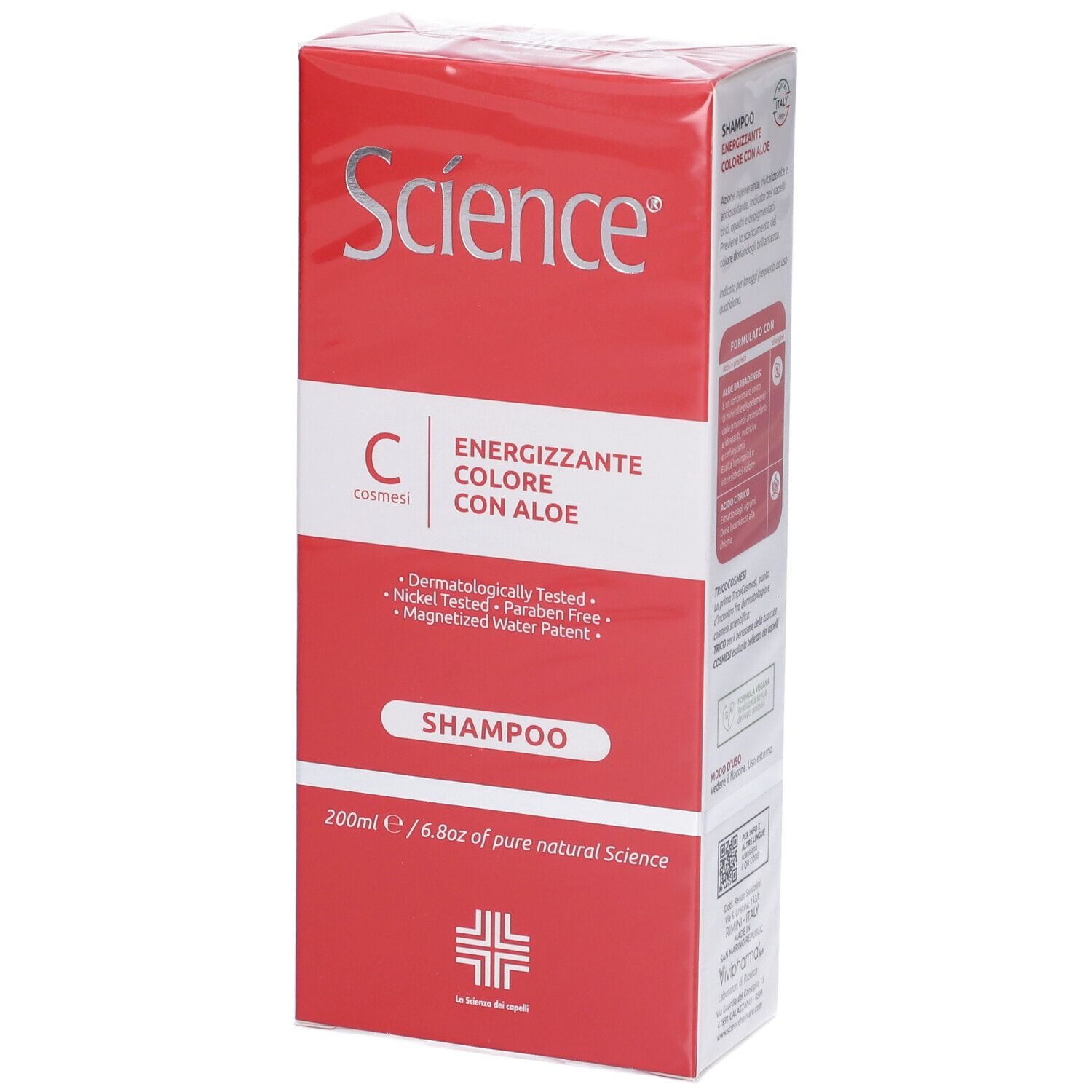 Confezione dello shampoo. Scatola rossa con scritta bianca: Science, Color Energizing with Aloe. 200ml.