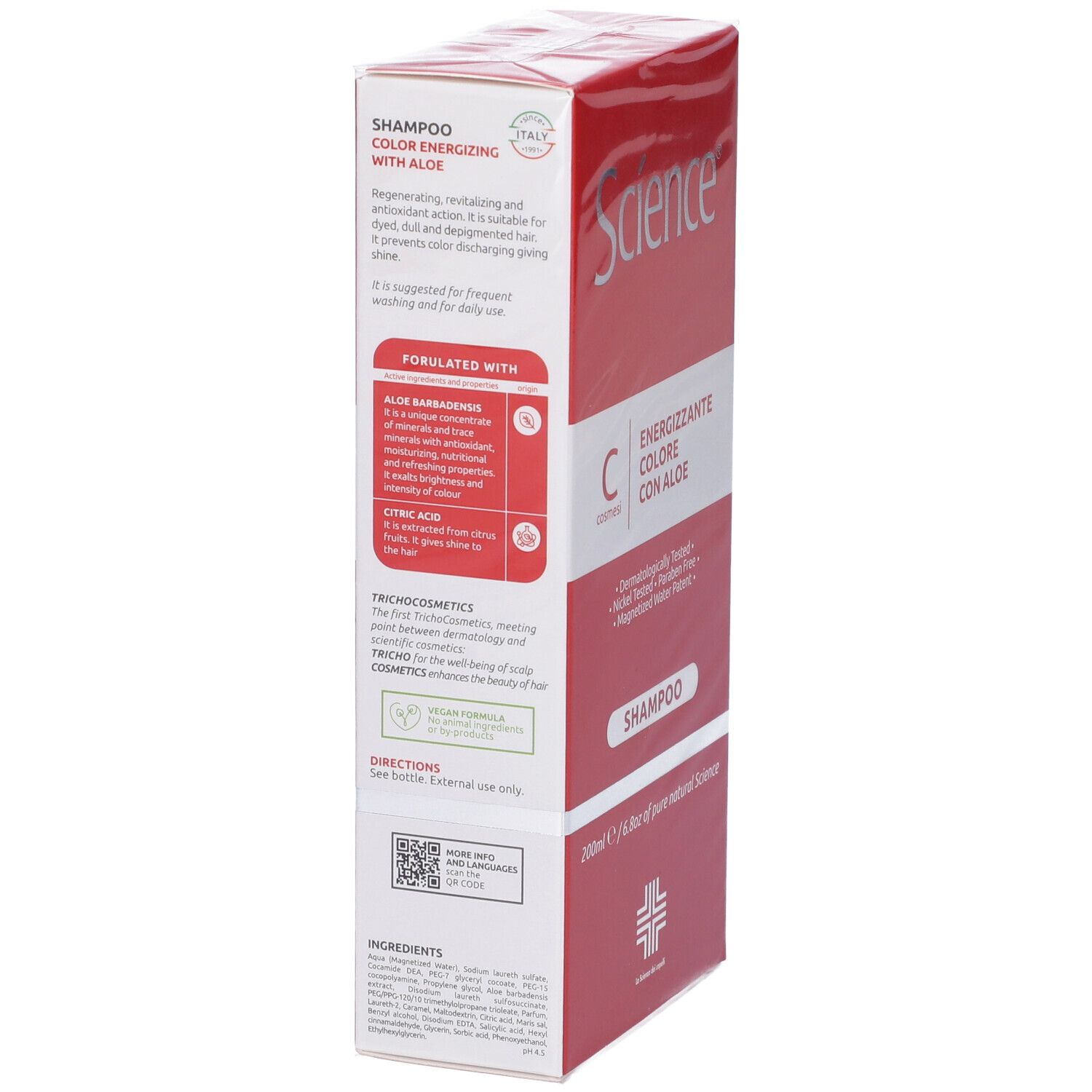 Confezione dello shampoo. Scatola rossa con informazioni sul prodotto. Contiene aloe vera e acido citrico.