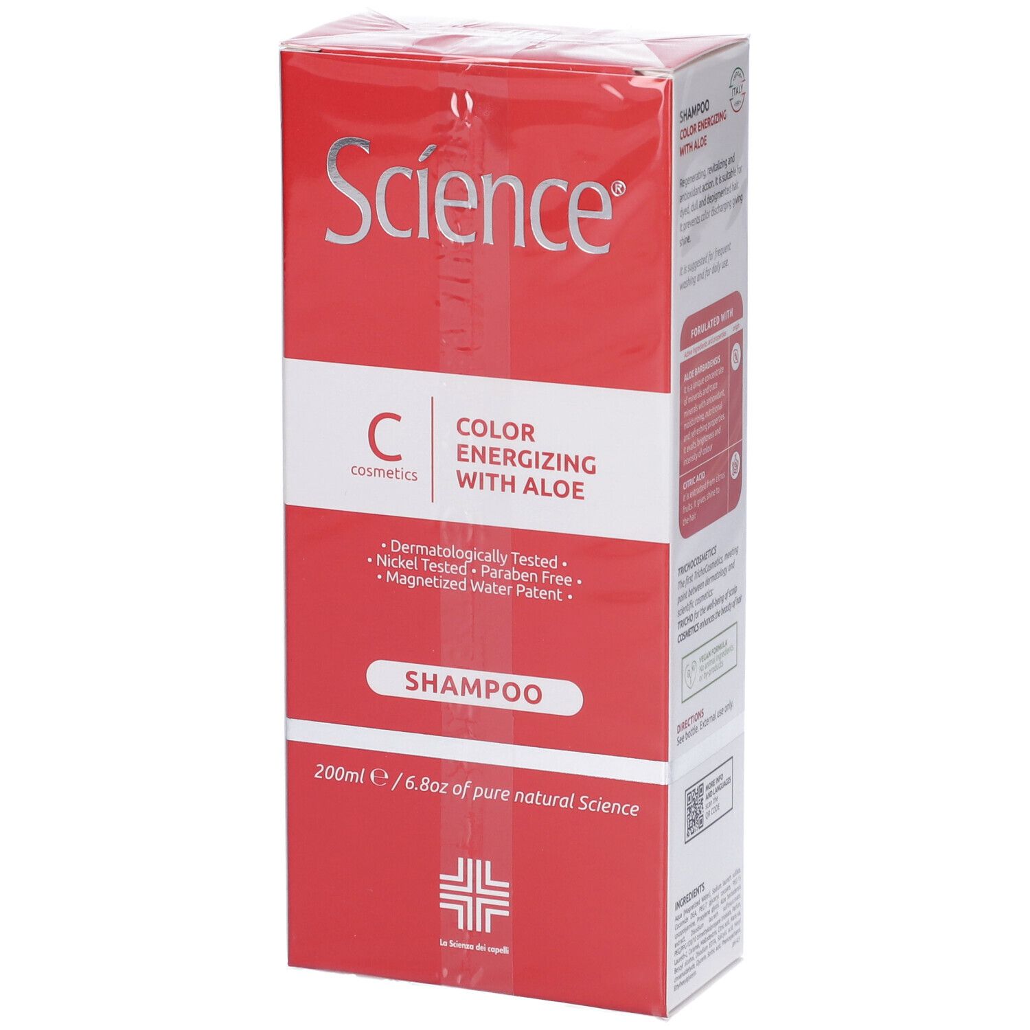 Confezione dello shampoo. Scatola rossa con scritta bianca: Science, Color Energizing with Aloe. 200ml.
