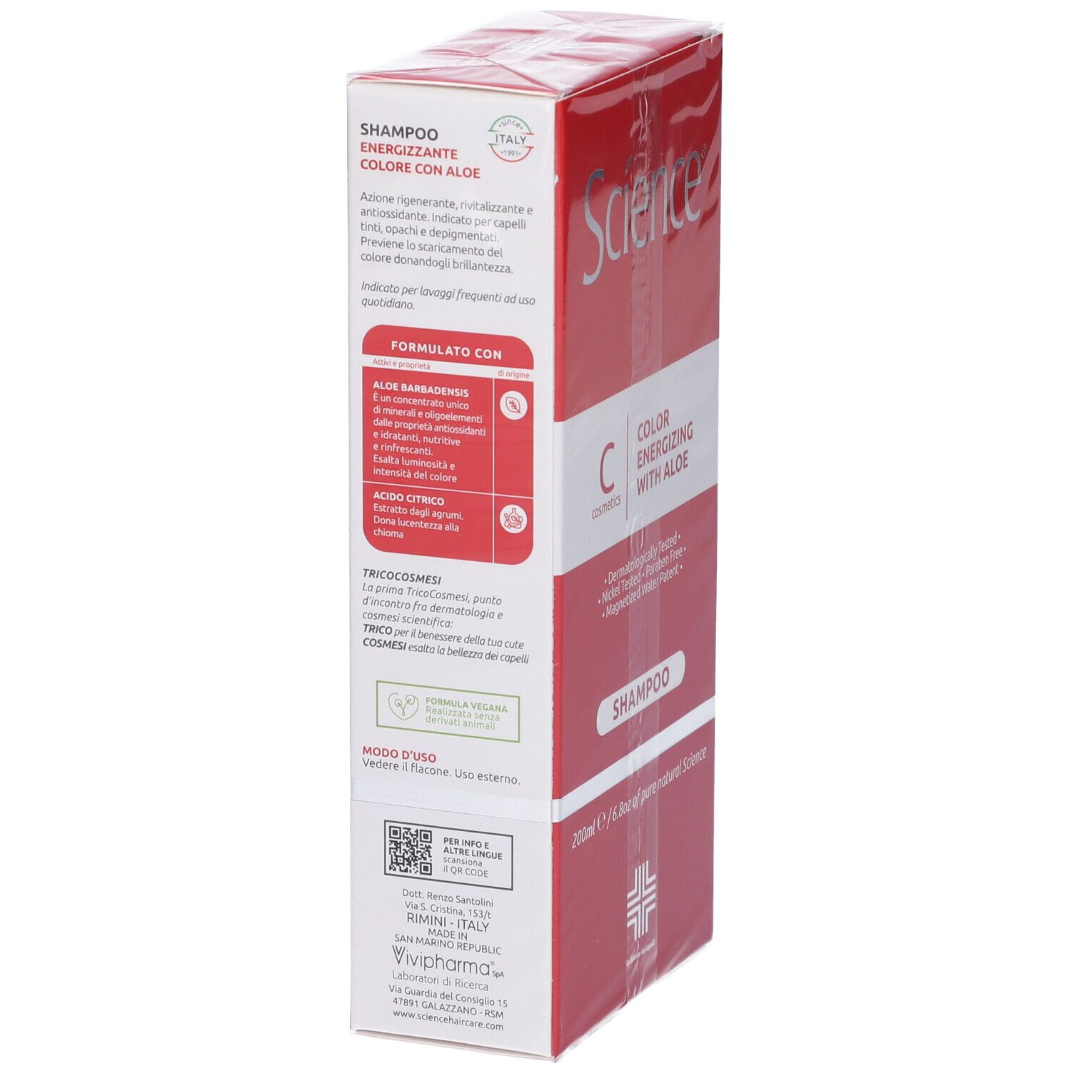 Confezione dello shampoo. Scatola rossa con informazioni sul prodotto. Contiene aloe vera e acido citrico.