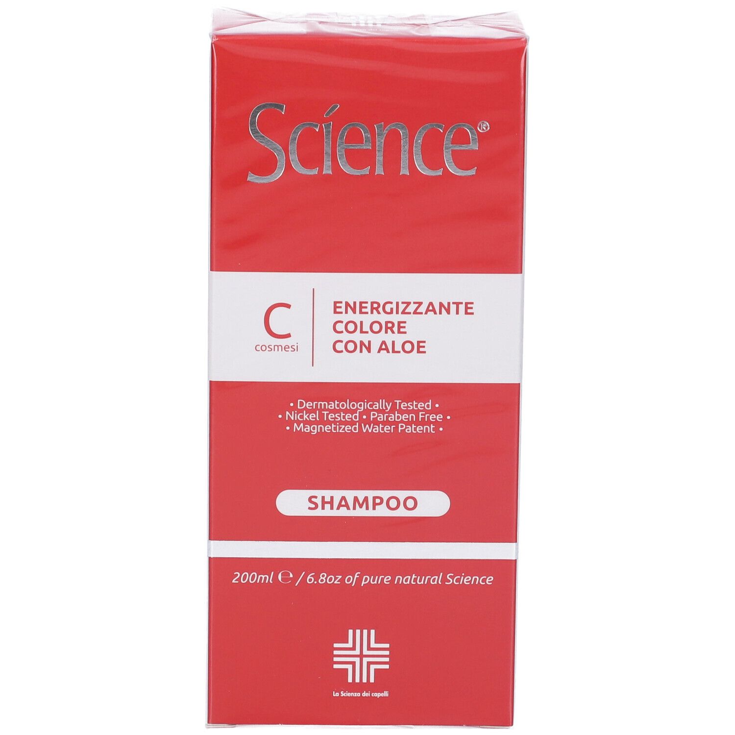 Confezione dello shampoo. Scatola rossa con scritta bianca: Science, Color Energizing with Aloe. 200ml.