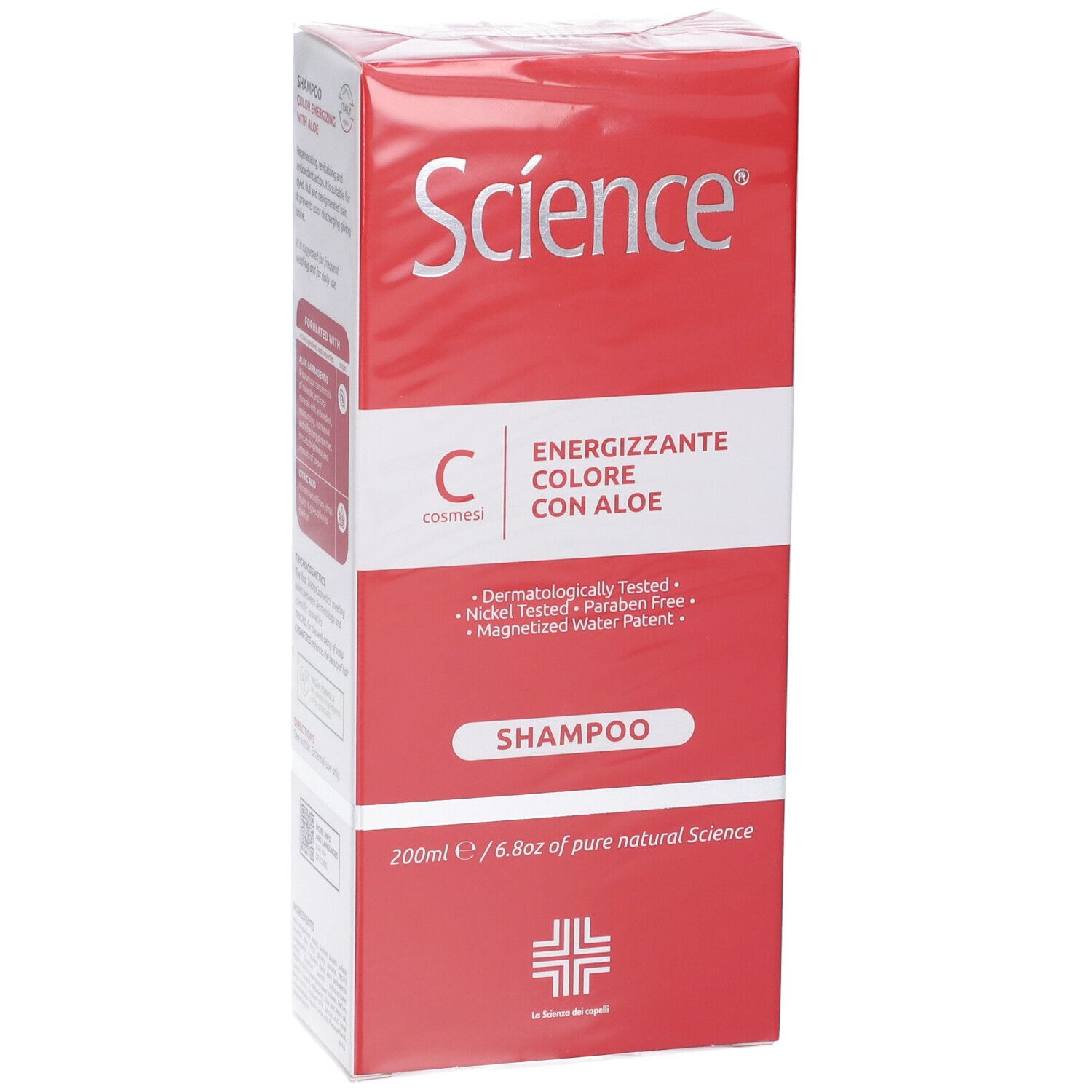 Confezione dello shampoo. Scatola rossa con scritta bianca: Science, Color Energizing with Aloe. 200ml.
