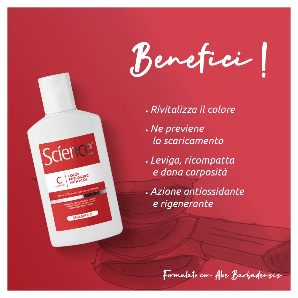 Sfondo rosso con flacone di shampoo e illustrazione di aloe vera. Testo: Benefici, rivitalizza il colore, ecc.