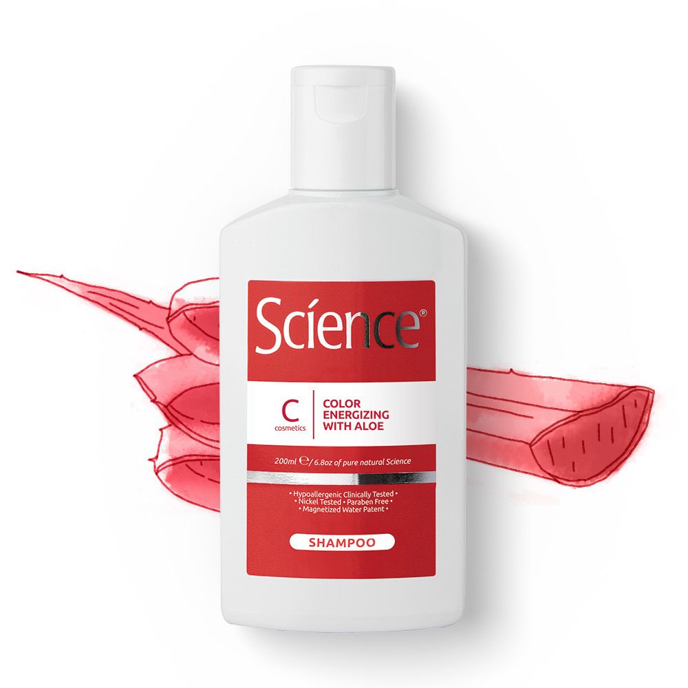 Flacone di shampoo con illustrazione di aloe vera. Scritta: Science, Color Energizing with Aloe. Contiene aloe vera.