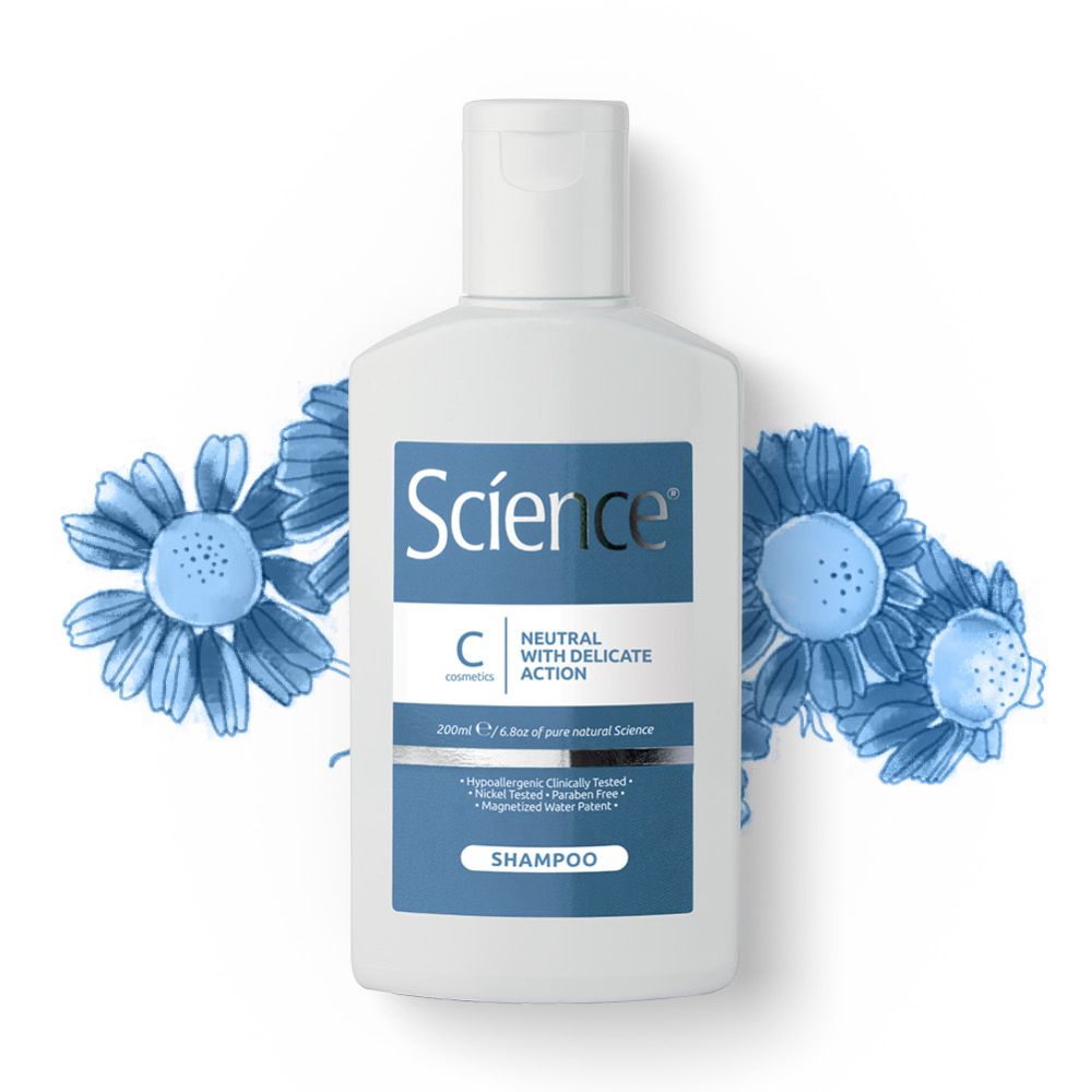 Weiße Flasche mit blauem Etikett, darauf „Science Shampoo Neutral with Delicate Action“. 200ml.