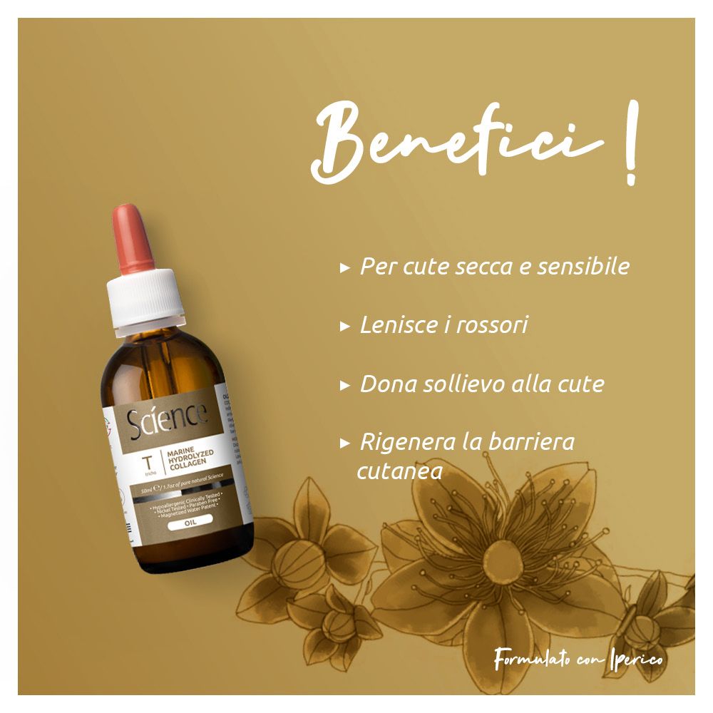 Produktflasche auf goldenem Hintergrund mit Text: Benefici! Vorteile für trockene Haut, Rötungen, Hautberuhigung.