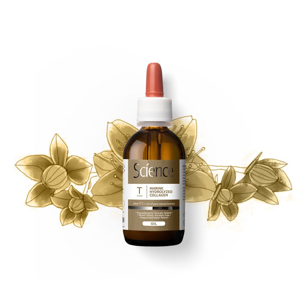 Produktflasche mit Pipette, umgeben von goldenen Blüten. Aufschrift Science, Marine Hydrolyzed Collagen, Oil.