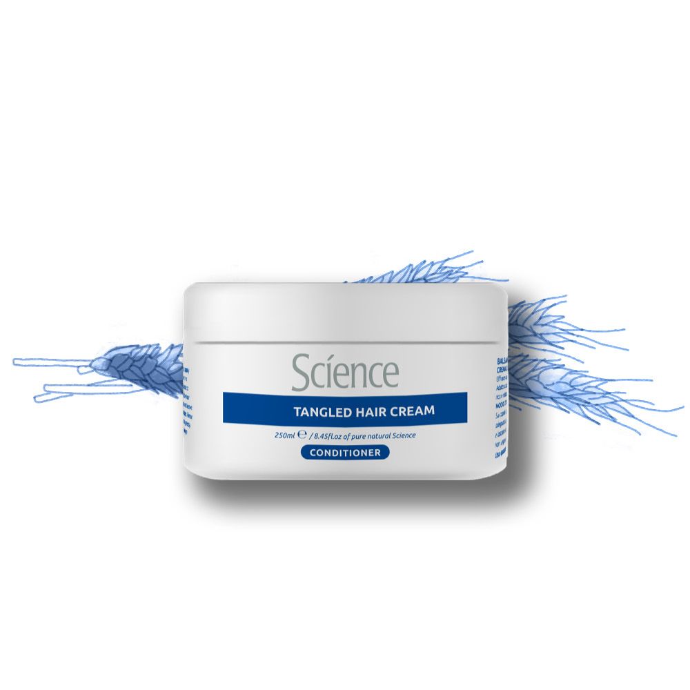 Weiße Dose mit 'Science' Logo, 'Tangled Hair Cream' und 'Conditioner' Aufschrift. Enthält 250ml.