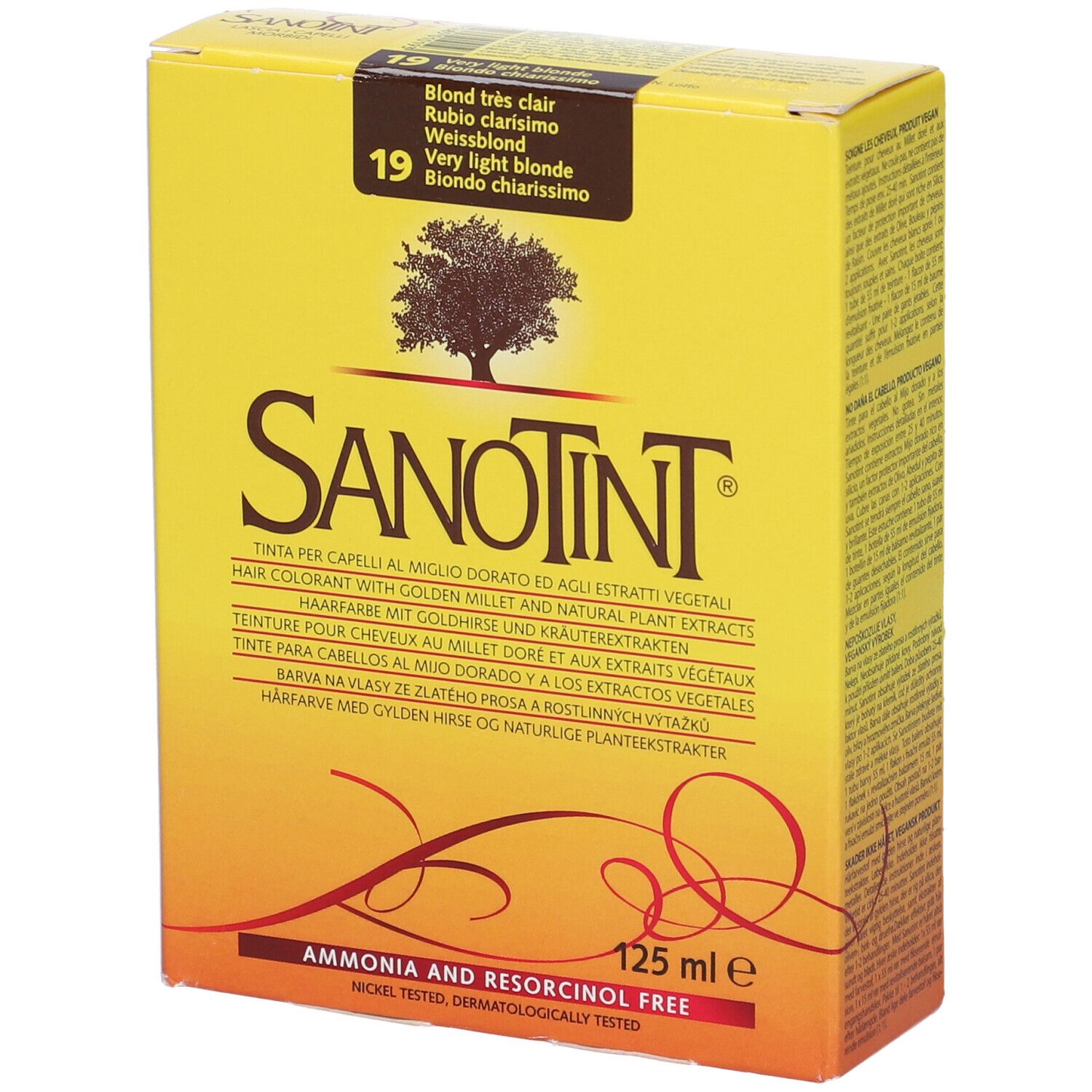Scatola gialla Sanotint con logo e testo. Contiene tinta per capelli 19 Biondo Chiarissimo. 125 ml. Senza ammoniaca e resorcina.