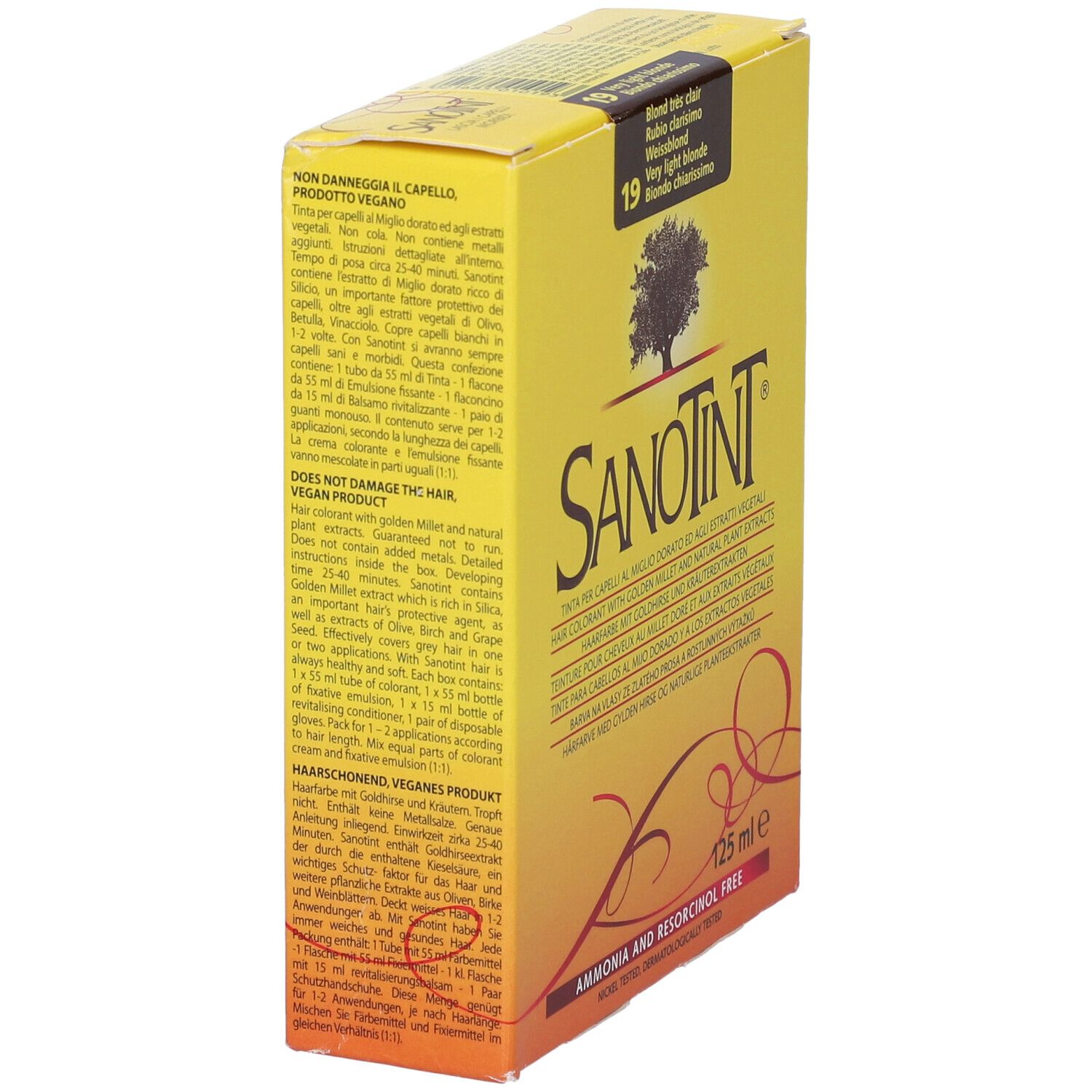 Scatola gialla Sanotint, logo e testo. Tinta per capelli 19 Biondo Chiarissimo. Vegano. 125 ml. Senza ammoniaca e resorcina.