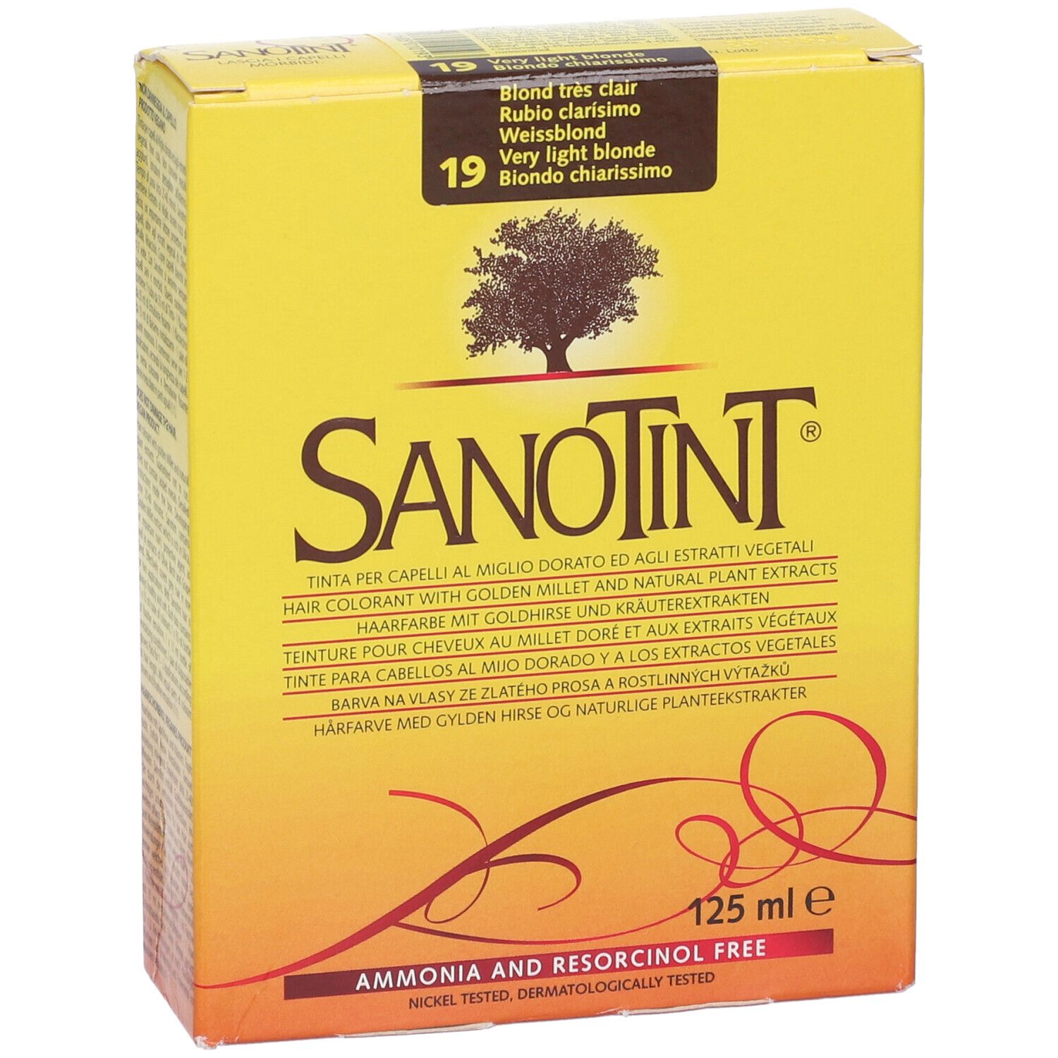 Scatola gialla, logo e testo Sanotint. Tinta per capelli 19 Biondo Chiarissimo. 125 ml. Senza ammoniaca e resorcina.