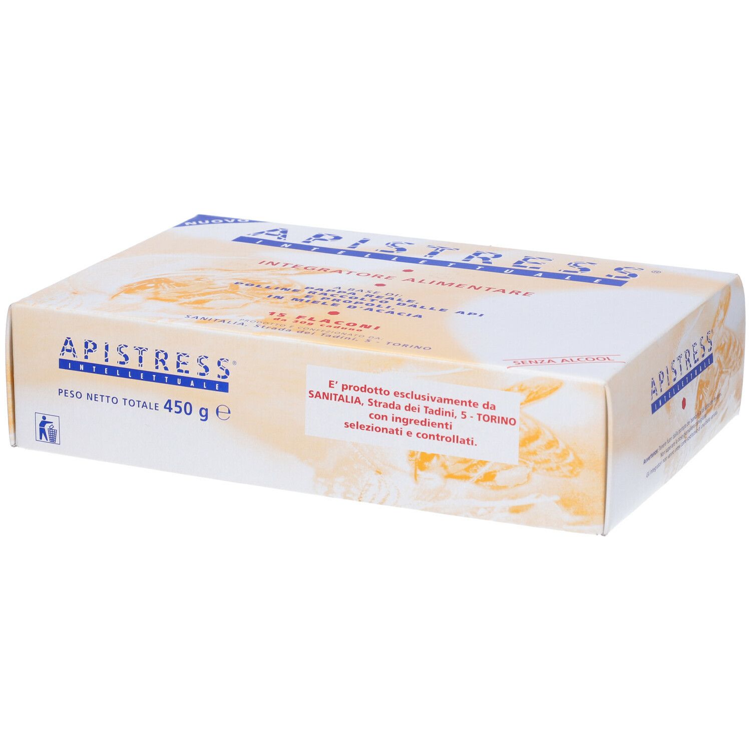 Scatola con scritta Apistress. Contiene 15 flaconi. Peso totale 450 g.