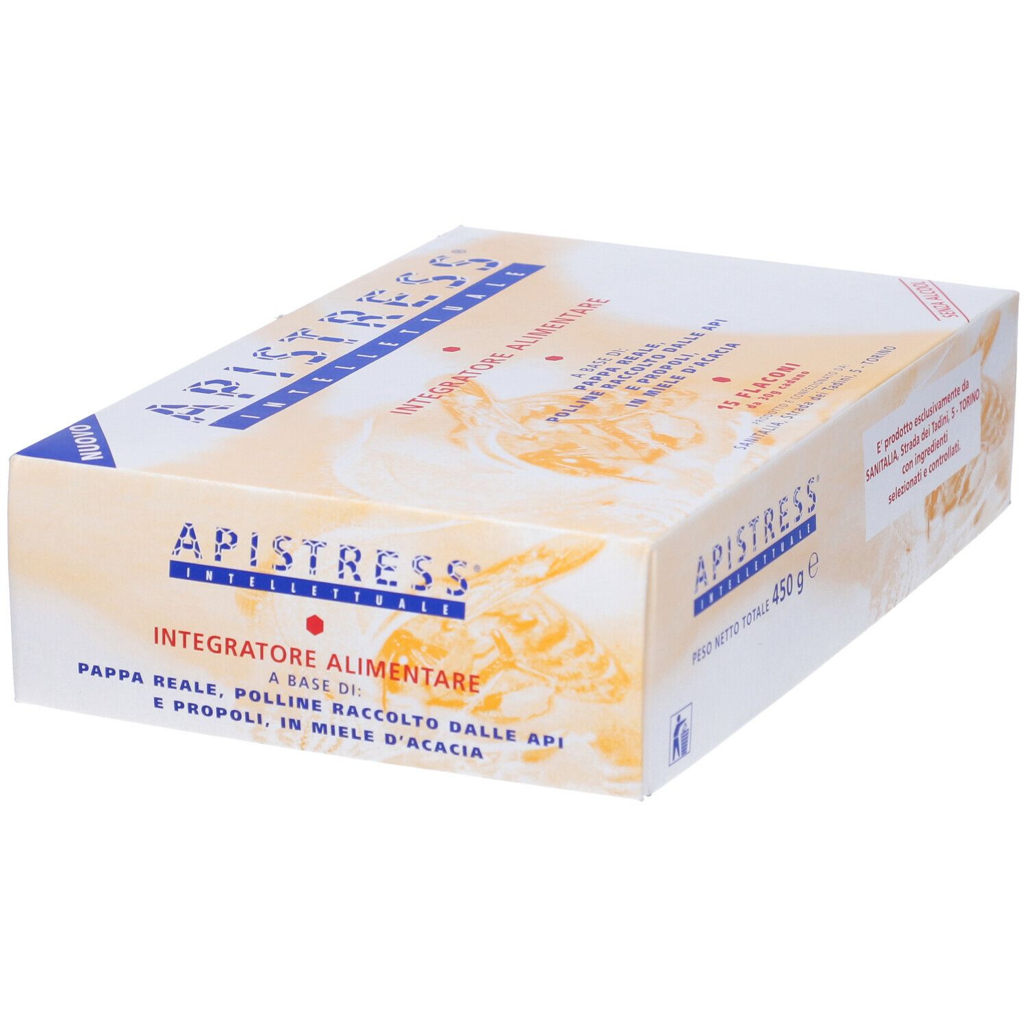 Scatola con scritta Apistress. Contiene 15 flaconi. Peso totale 450 g.