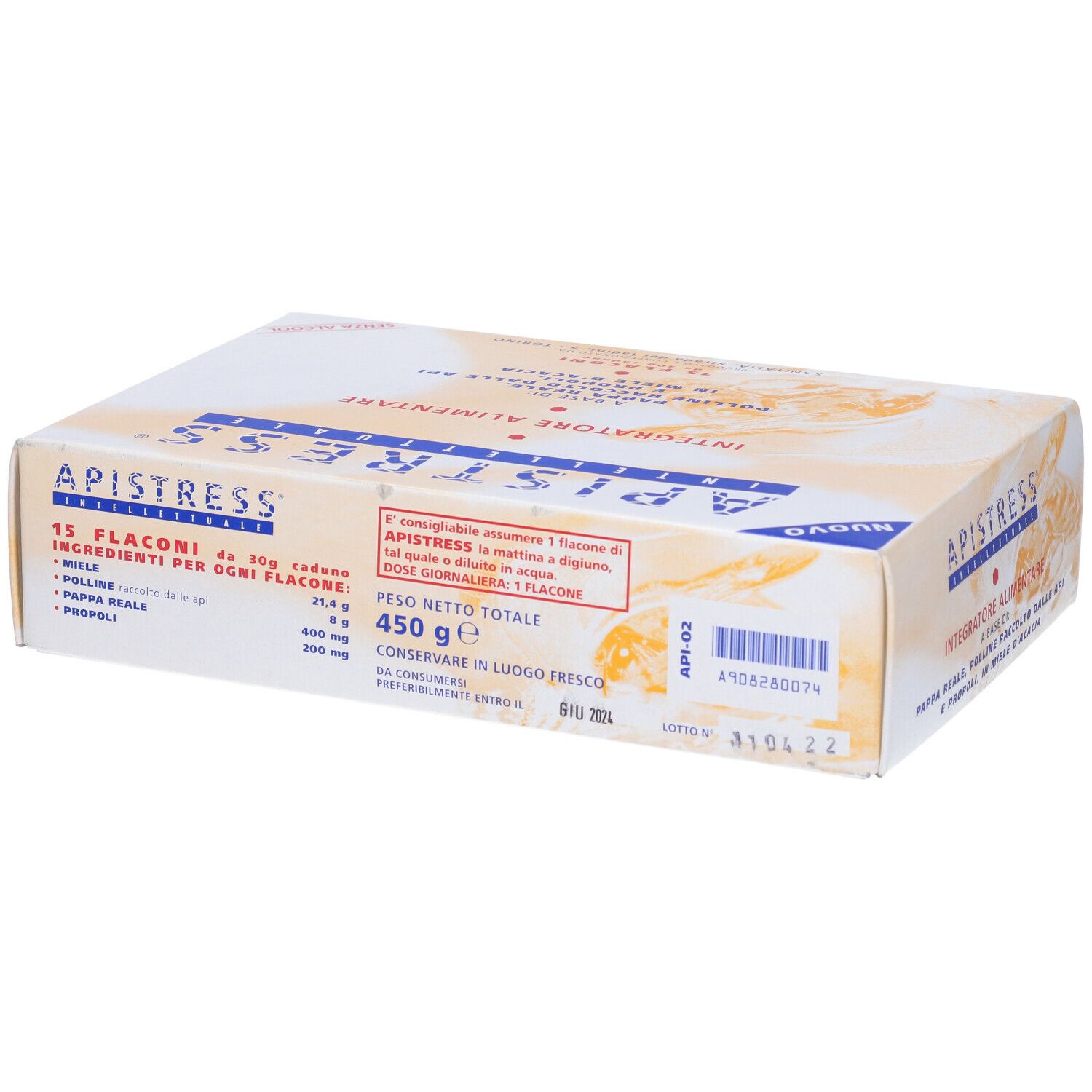 Scatola con scritta Apistress. Contiene 15 flaconi. Peso totale 450 g.