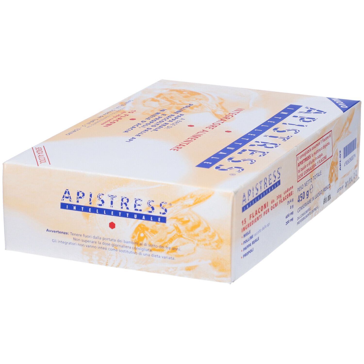 Scatola con scritta Apistress. Contiene 15 flaconi. Peso totale 450 g.