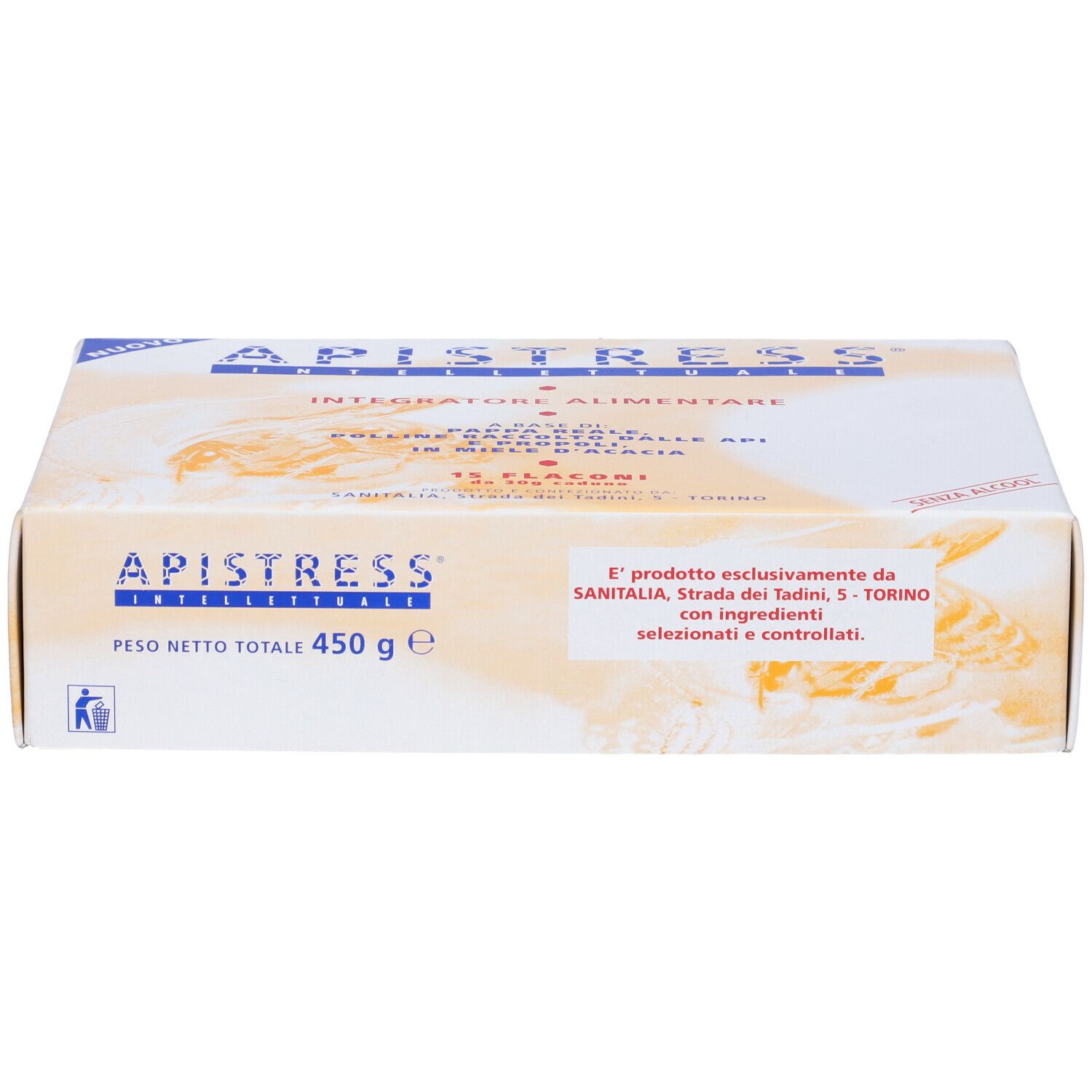 Scatola con scritta Apistress. Contiene 15 flaconi. Peso totale 450 g.