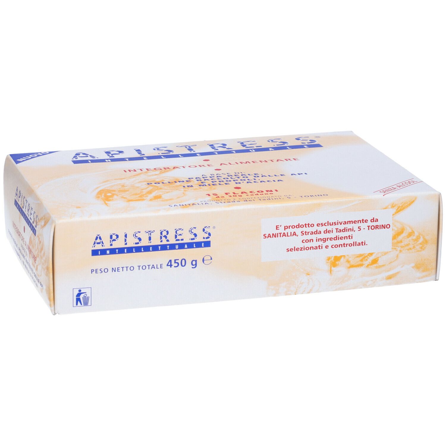 Scatola con scritta Apistress. Contiene 15 flaconi. Peso totale 450 g.