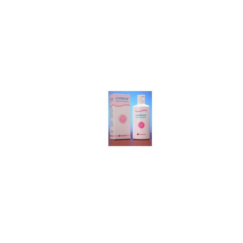 Flacone e scatola bianchi. Scritta: Conifer, latte detergente, cleansing milk. Logo rosa.