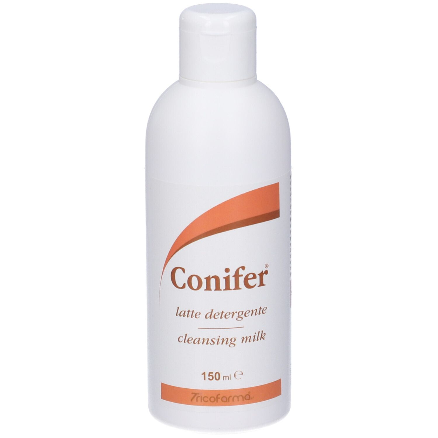Flacone bianco con arco marrone. Scritta: Conifer, latte detergente, cleansing milk, 150 ml.