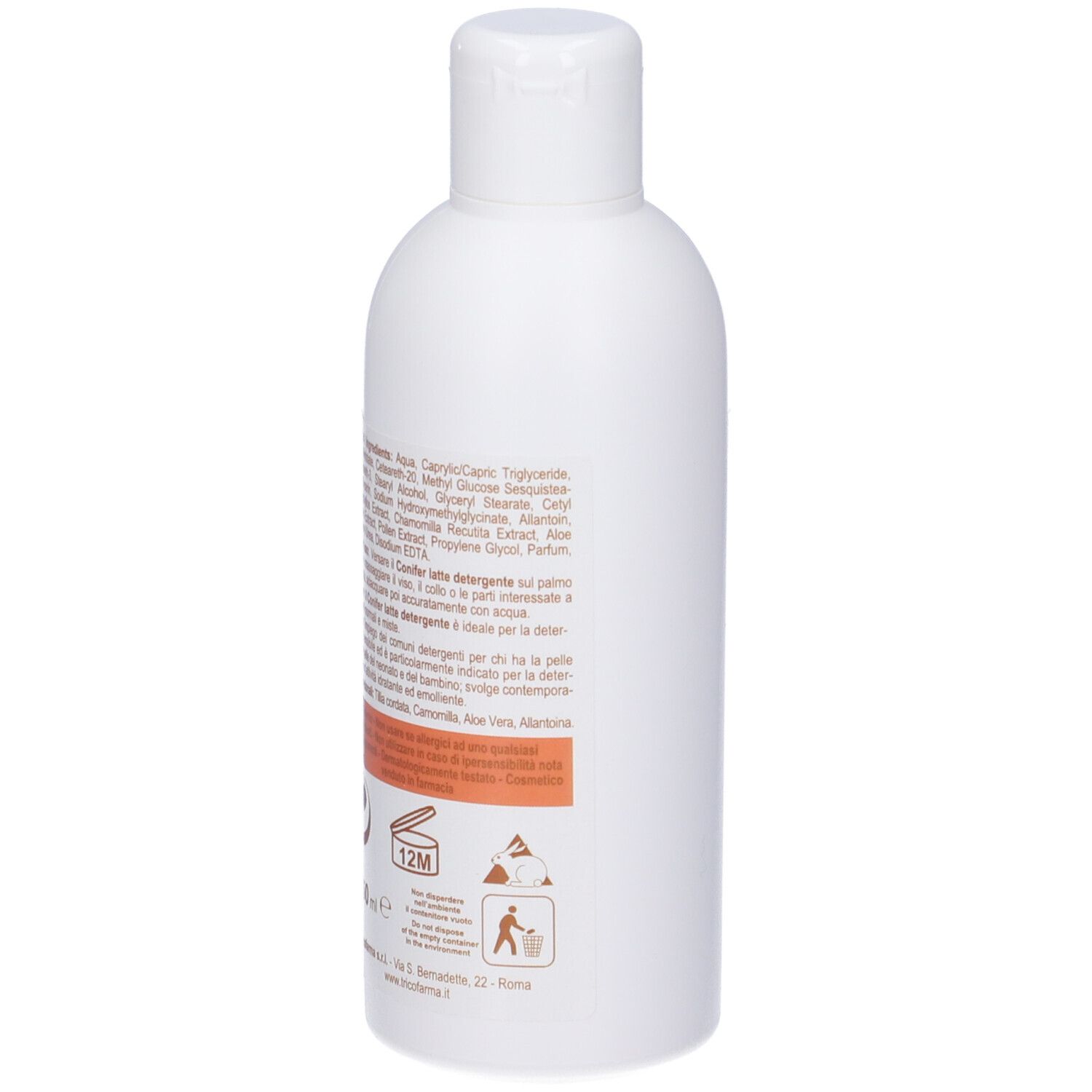 Flacone bianco con arco marrone. Scritta: Conifer, latte detergente, cleansing milk, 150 ml.