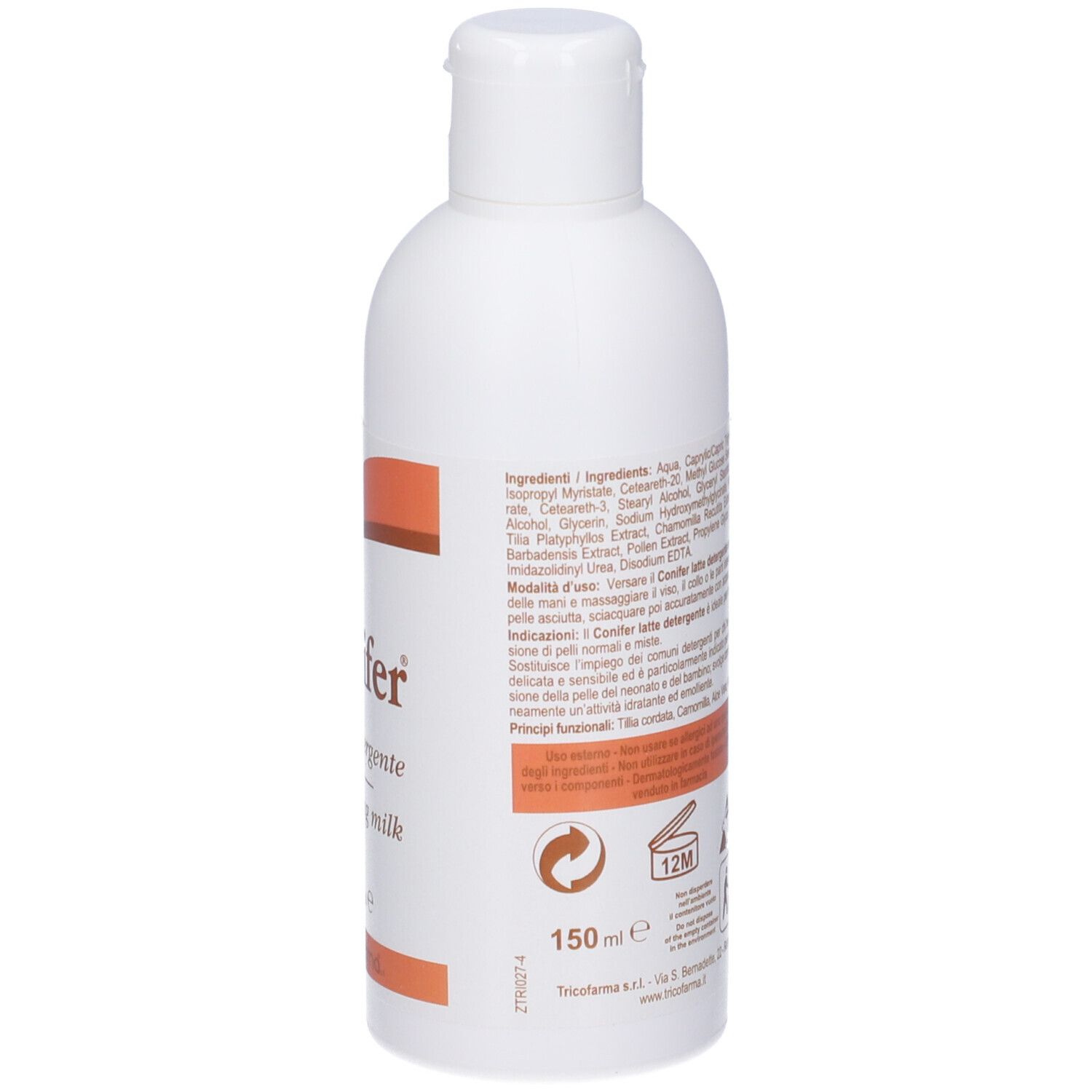 Flacone bianco con arco marrone. Scritta: Conifer, latte detergente, cleansing milk, 150 ml.