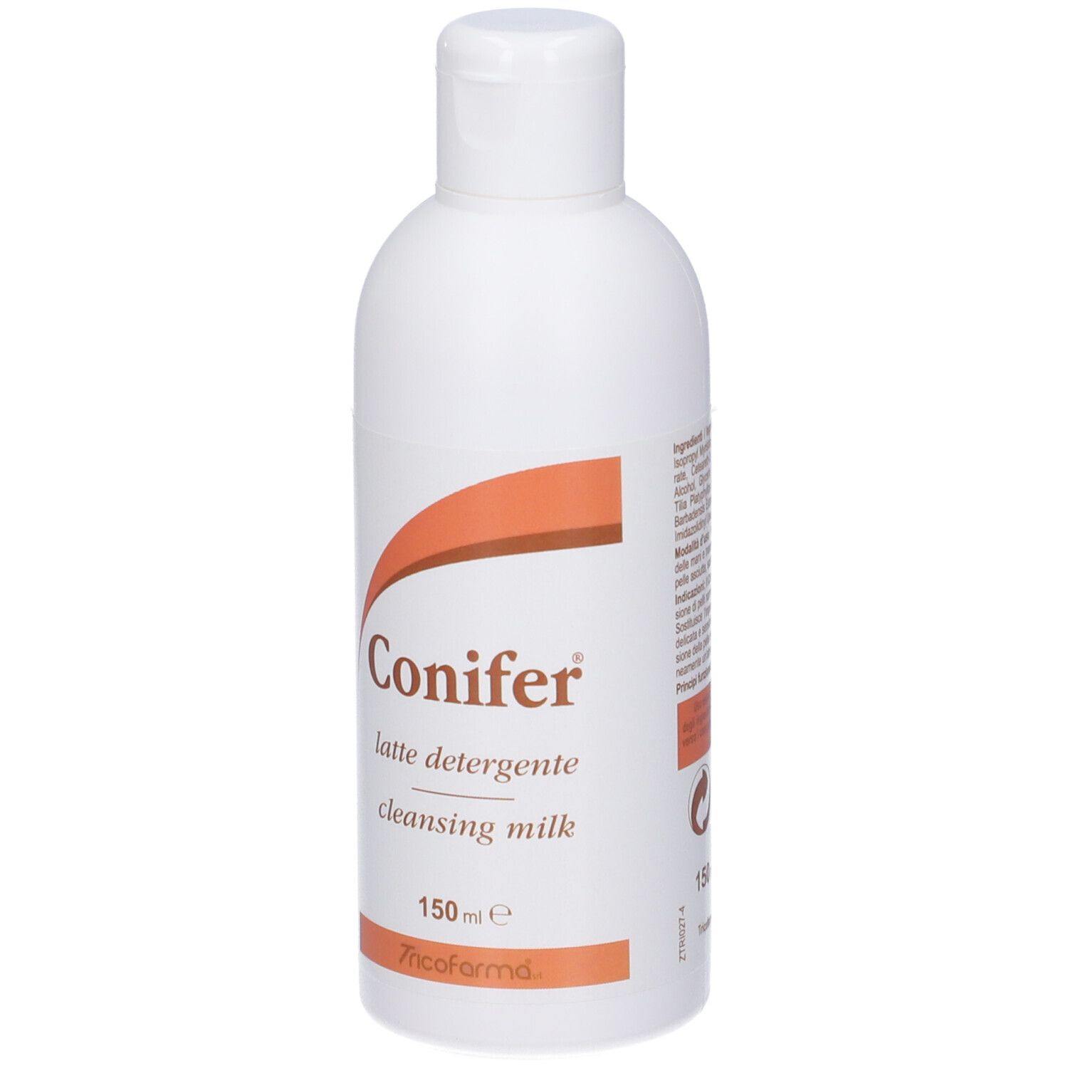 Flacone bianco con arco marrone. Scritta: Conifer, latte detergente, cleansing milk, 150 ml.