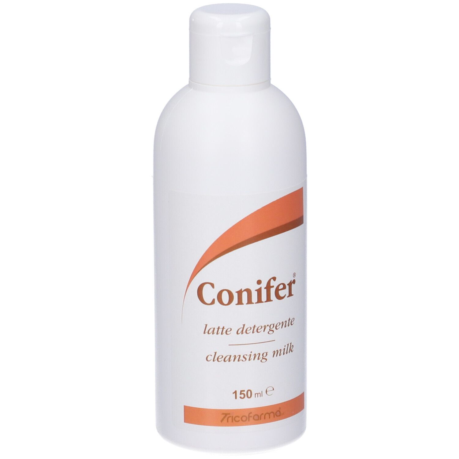 Flacone bianco con arco marrone. Scritta: Conifer, latte detergente, cleansing milk, 150 ml.