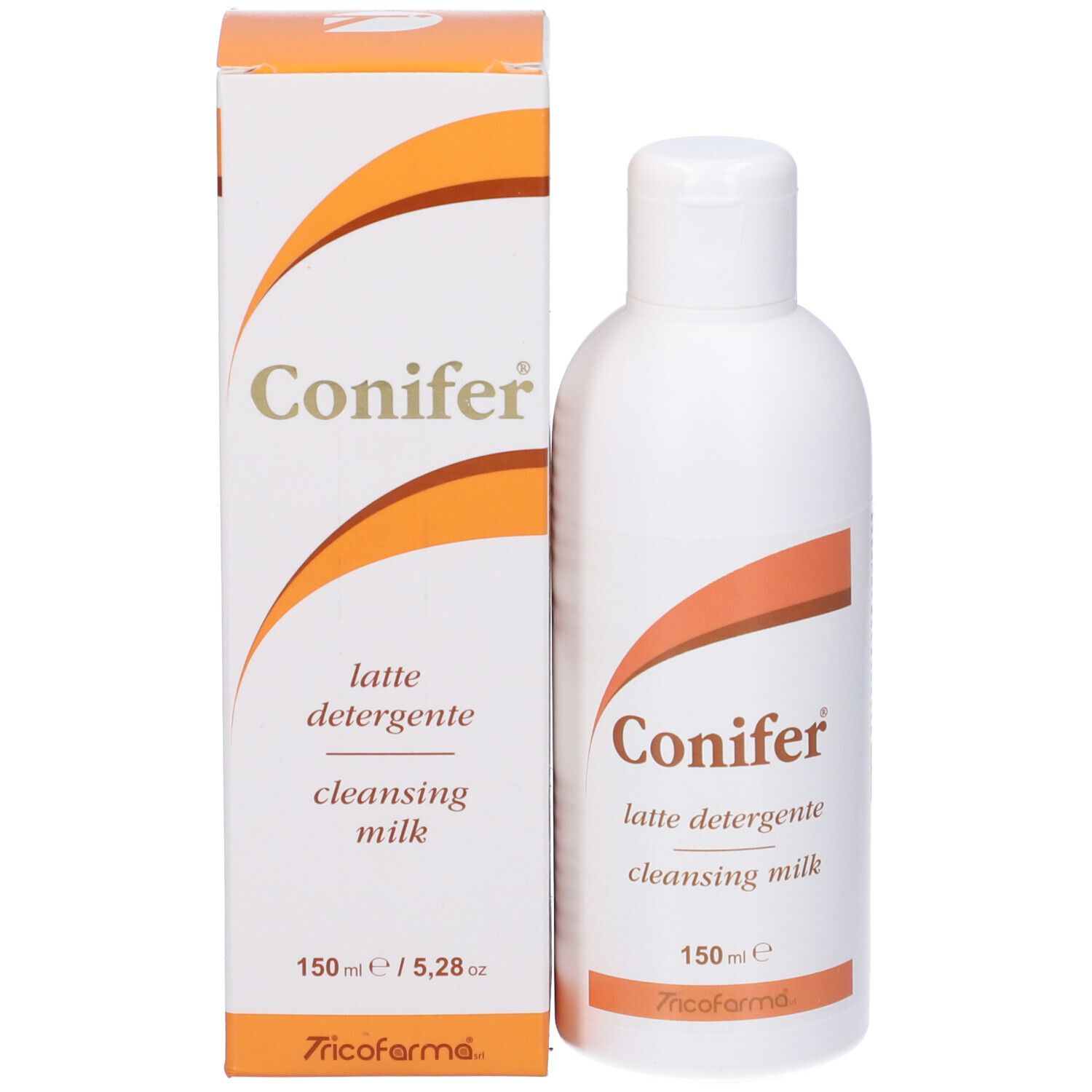 Flacone e scatola bianchi. Scritta: Conifer, latte detergente, cleansing milk, 150 ml.