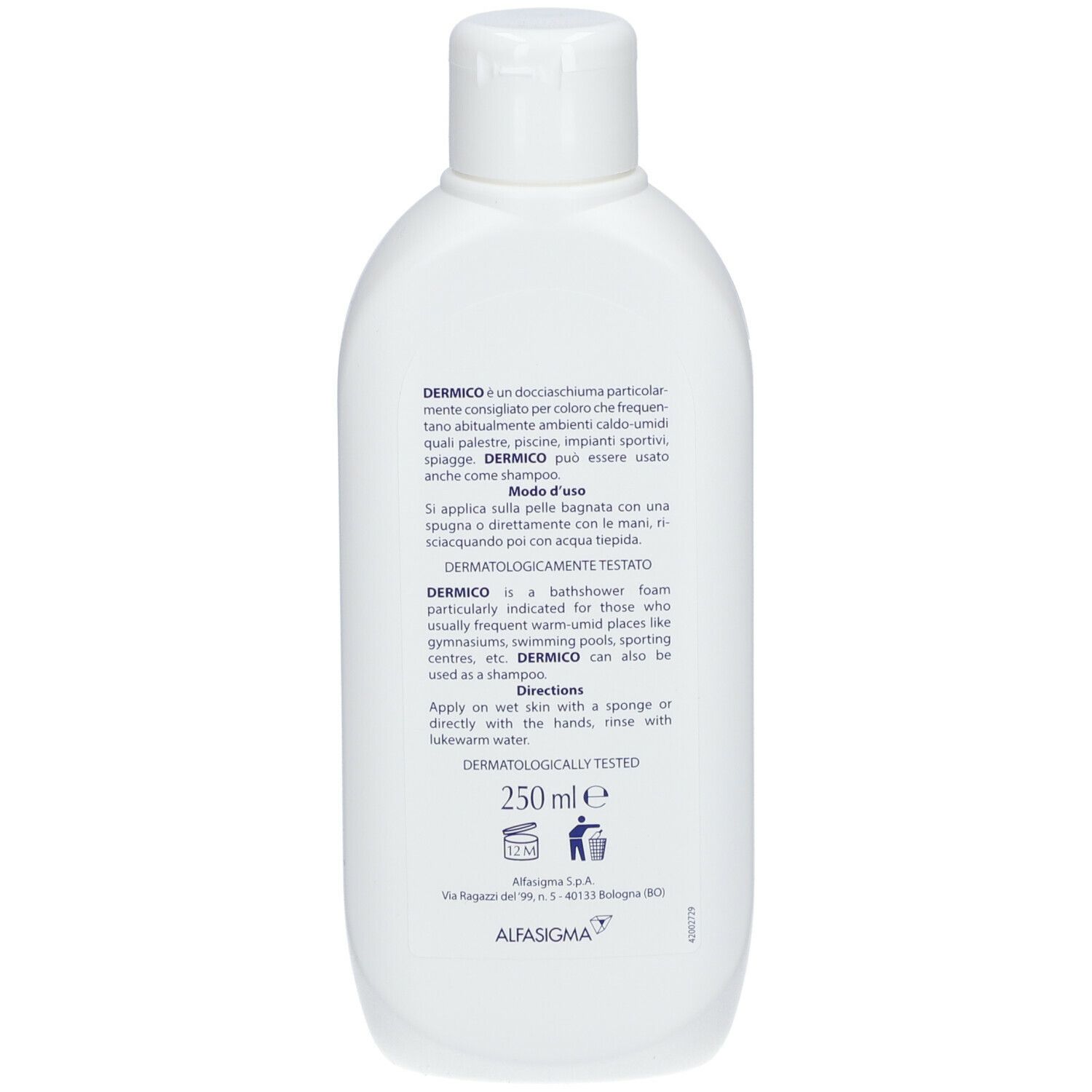 Retro di un flacone bianco con testo. Contiene schiuma doccia. Testo in italiano. 250 ml.