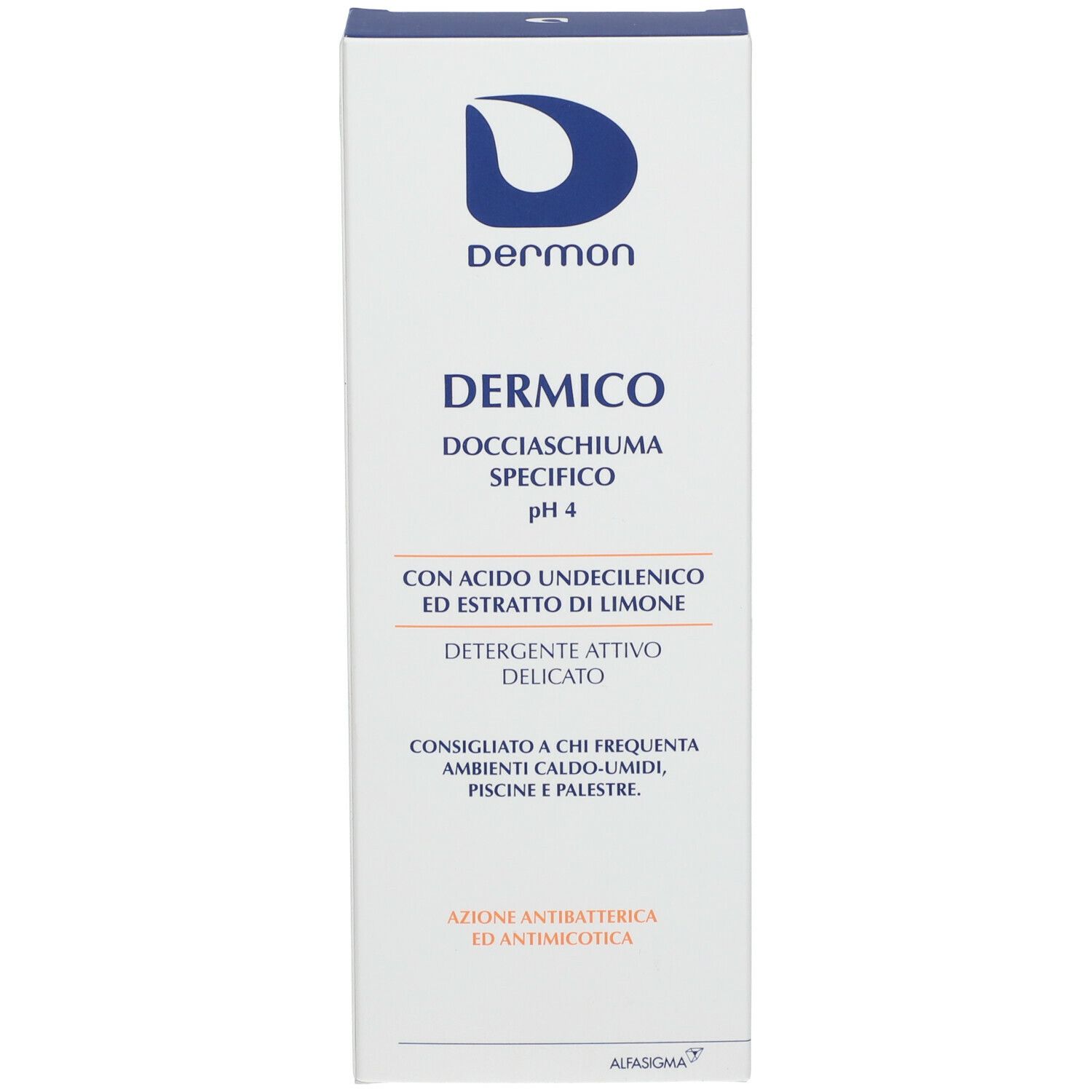 Scatola con logo blu e testo. Contiene schiuma doccia. Testo in italiano. pH 4.