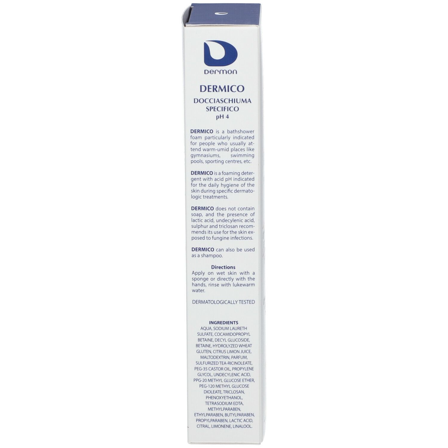 Scatola con logo blu e testo. Contiene schiuma doccia. Testo in italiano. pH 4. Ingredienti.
