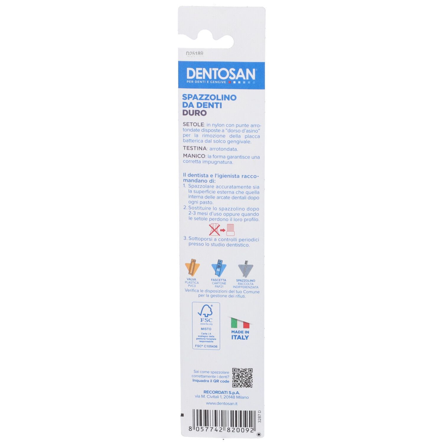 Rückseite der Blisterverpackung. Text: DENTOSAN. Informationen zum Produkt und zur Verwendung. Hergestellt in Italien.