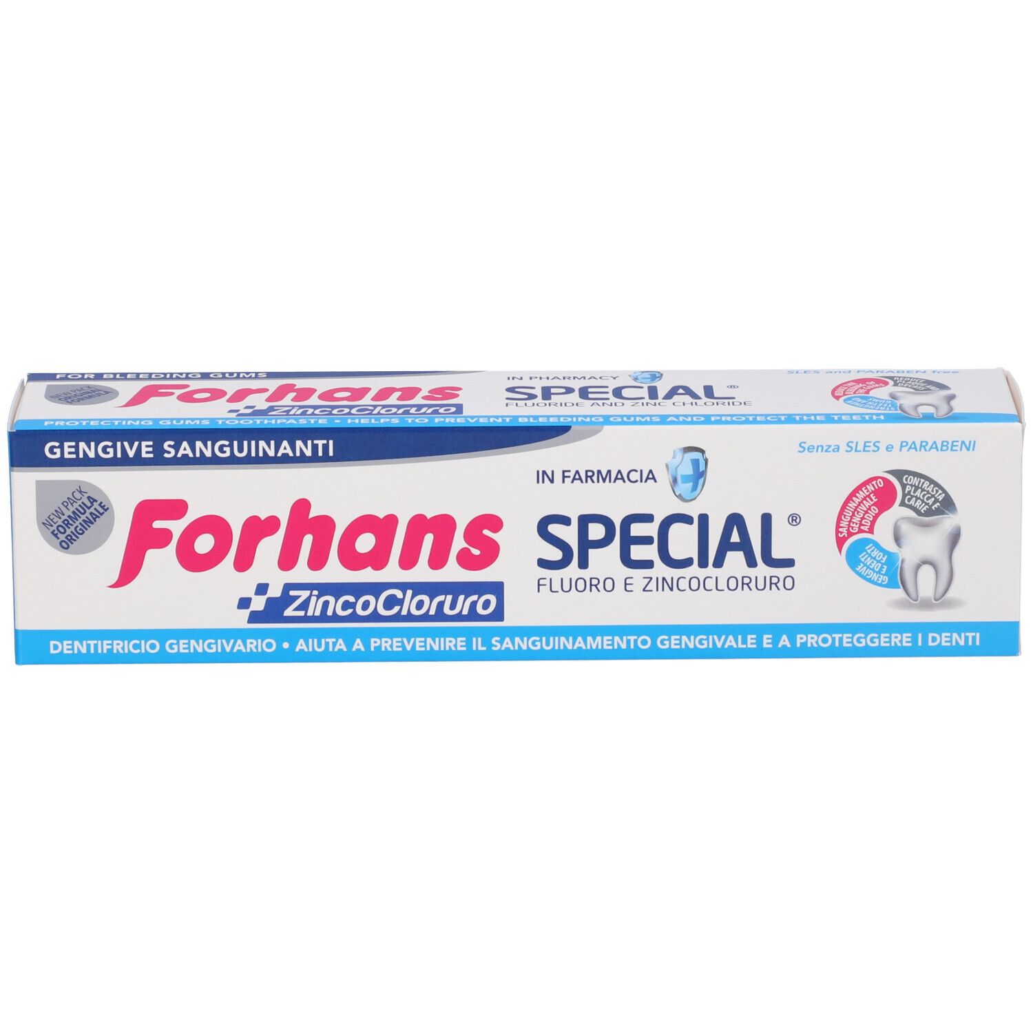 Forhans Special Zahnpasta-Schachtel. Aufschrift: Forhans SPECIAL, ZINCOCLORURO, Fluor und Zinkchlorid. In Farmacia. Ohne SLES und Parabene.