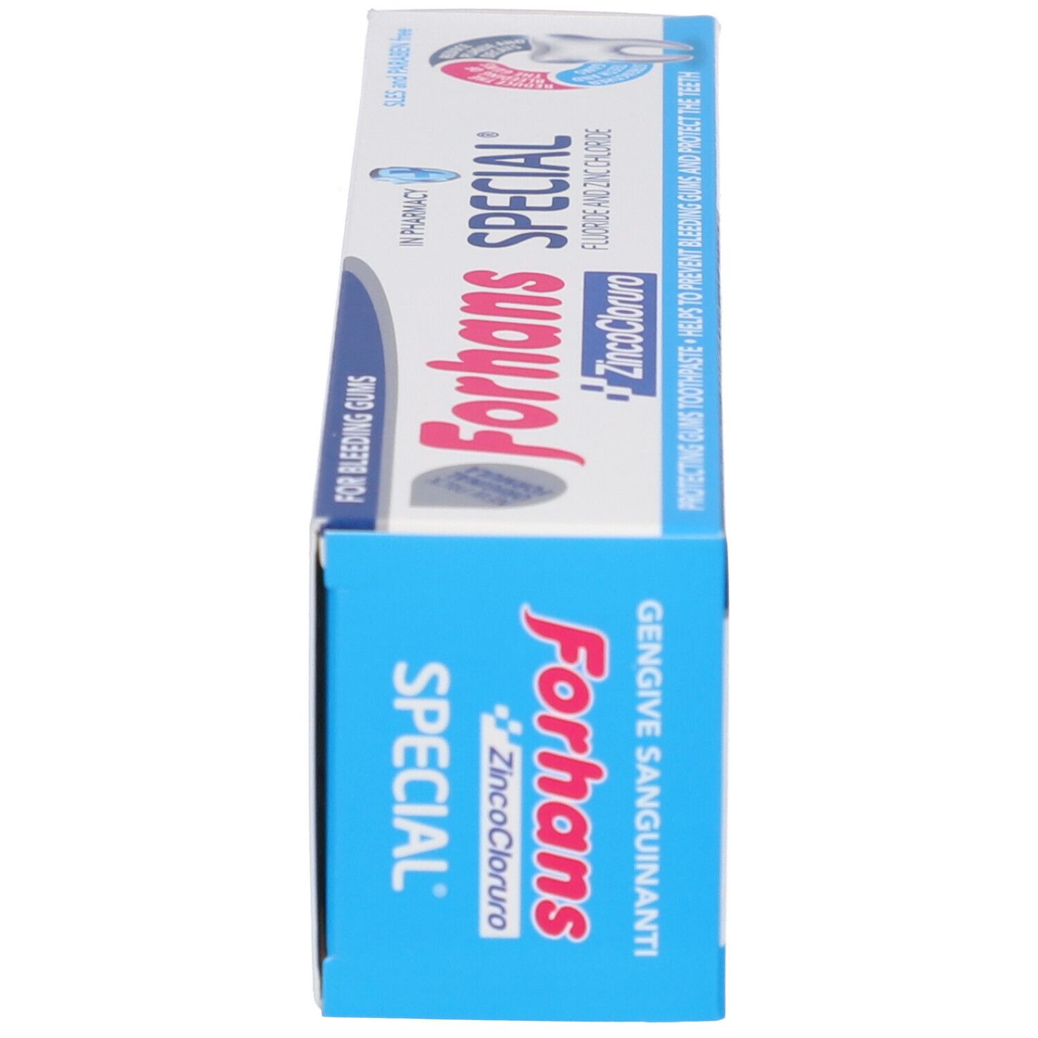 Forhans Special Zahnpasta-Schachtel, Seitenansicht. Aufschrift: Forhans SPECIAL, ZINCOCLORURO. Text für blutendes Zahnfleisch.