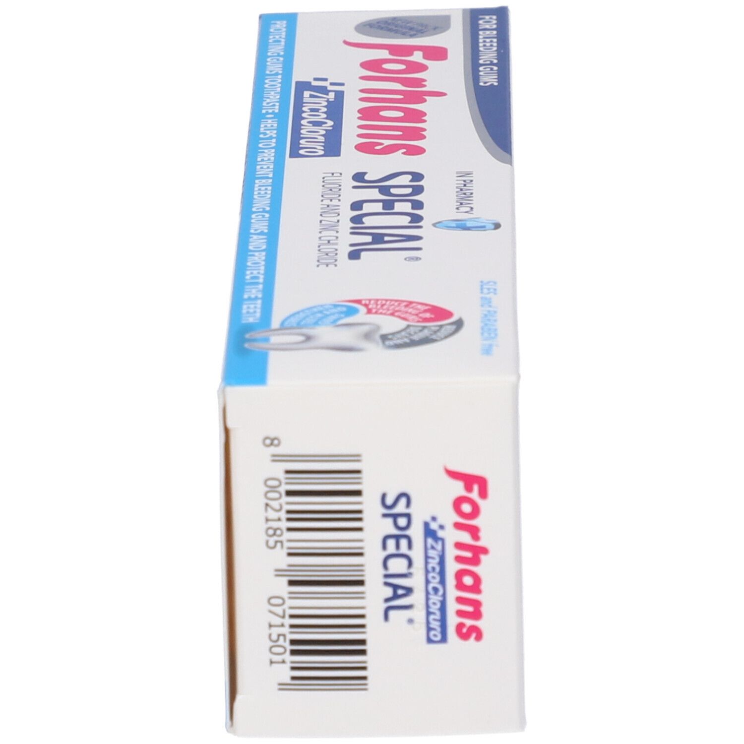 Forhans Special Zahnpasta-Schachtel, Seitenansicht. Aufschrift: Forhans SPECIAL, ZINCOCLORURO. Barcode und Produktinformationen.