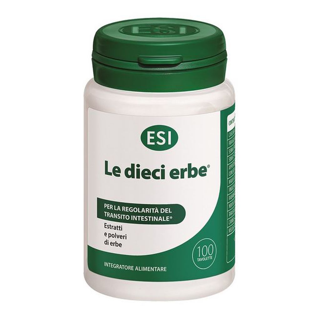 Flacone bianco, tappo verde. Scritta: ESI, Le dieci erbe, 100 compresse. Integratore alimentare.
