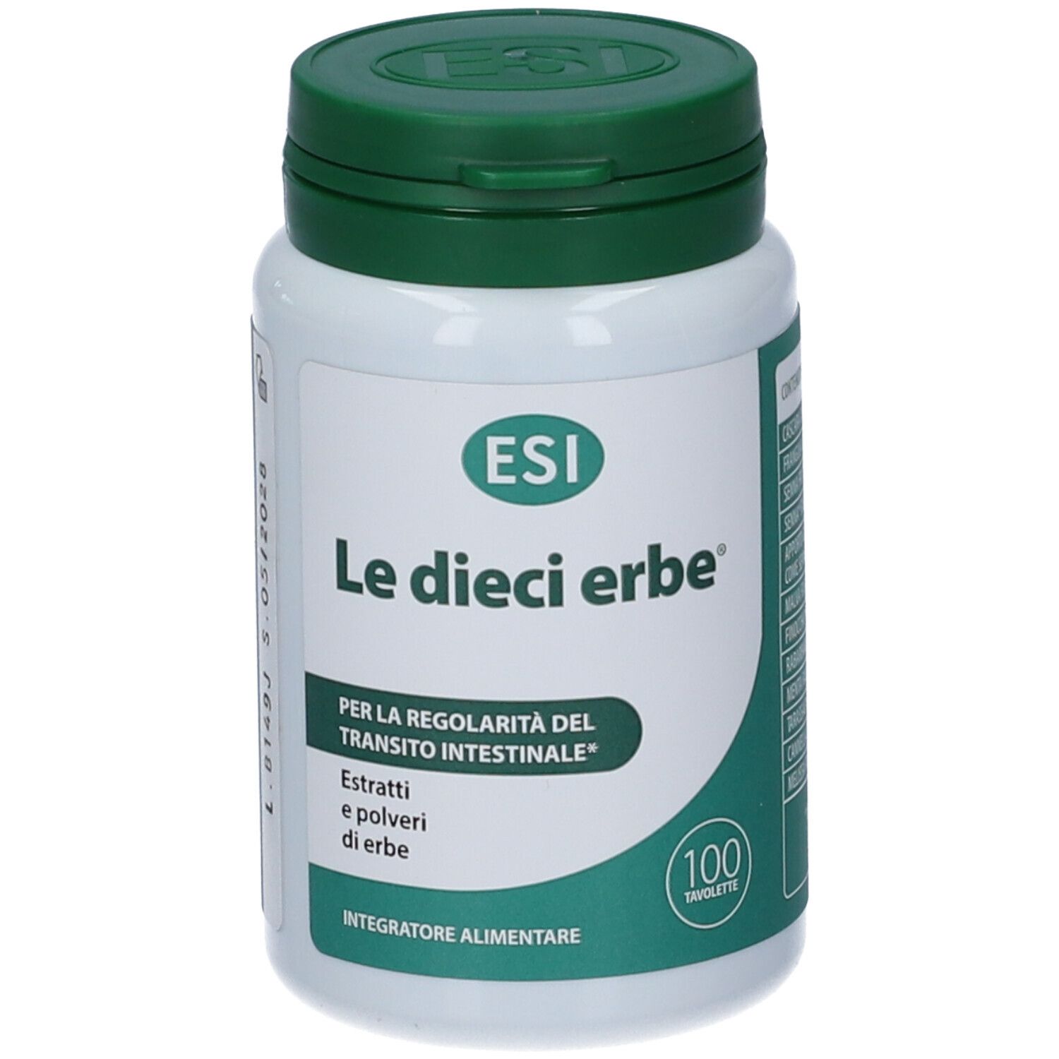 Flacone bianco, tappo verde. Scritta: ESI, Le dieci erbe, 100 compresse. Integratore alimentare.