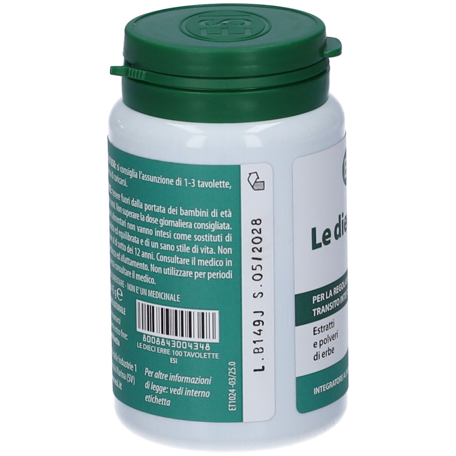 Retro flacone bianco, tappo verde. Testo e codice a barre. Le dieci erbe, 100 compresse. Scadenza 05/2028.