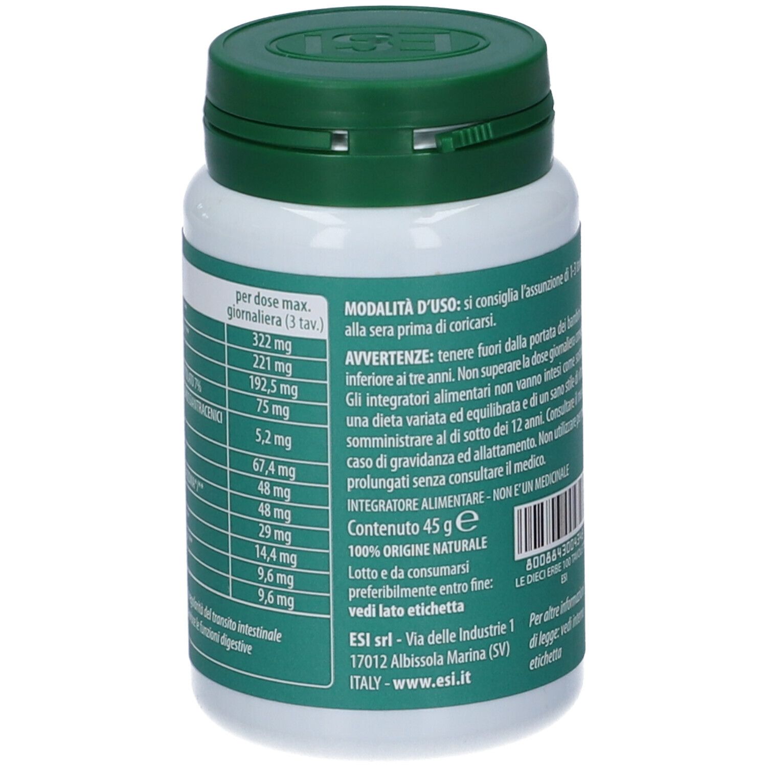 Retro flacone bianco, tappo verde. Testo con informazioni e dosaggio. Contenuto 45g.