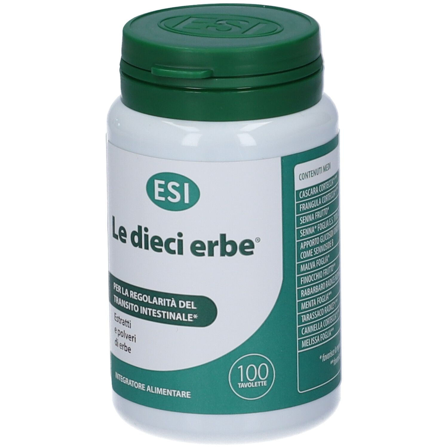 Flacone bianco, tappo verde. Scritta: ESI, Le dieci erbe, 100 compresse. Ingredienti.