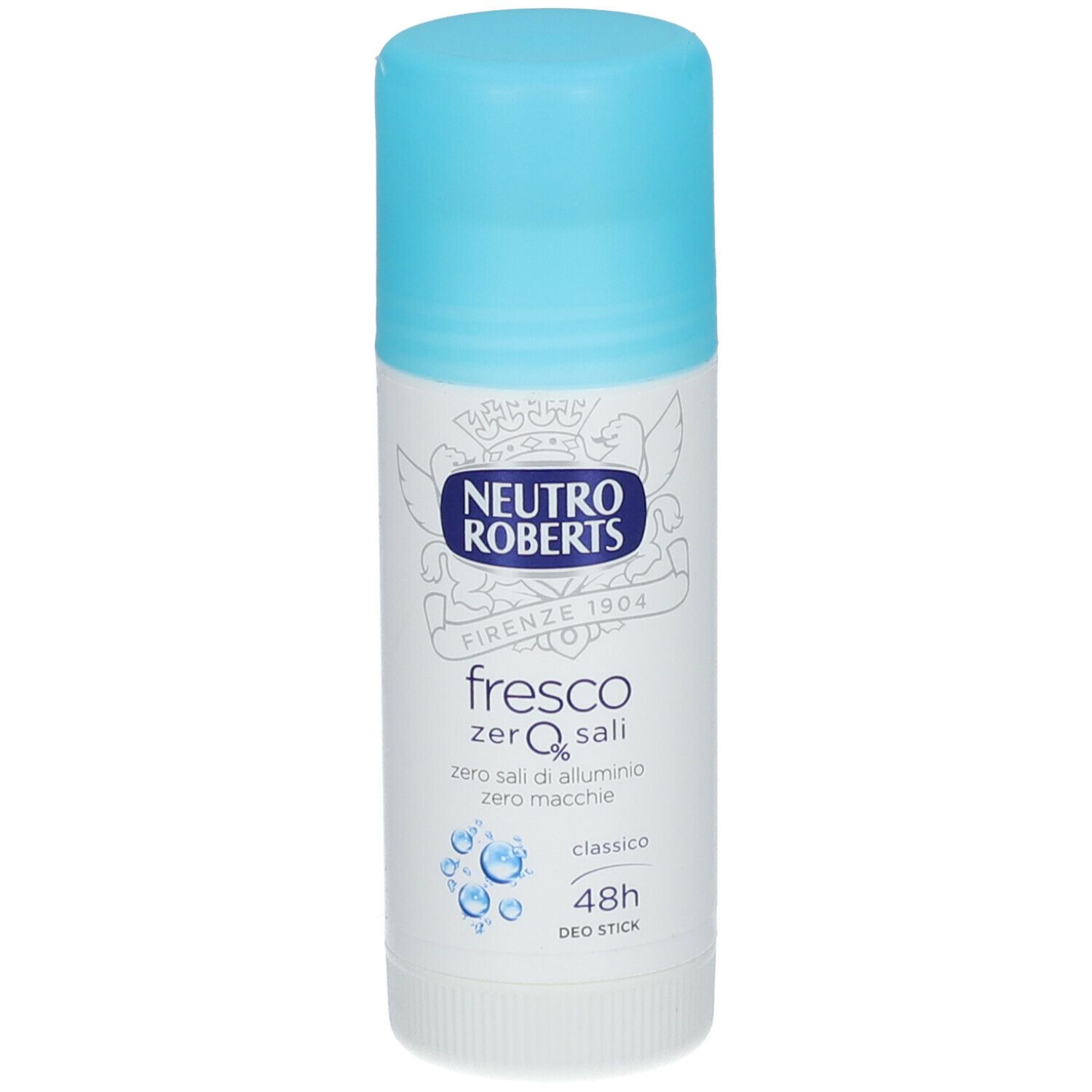 Stick deodorante Neutro Roberts bianco, tappo azzurro. Scritta 'fresco' e 'zero sali'.